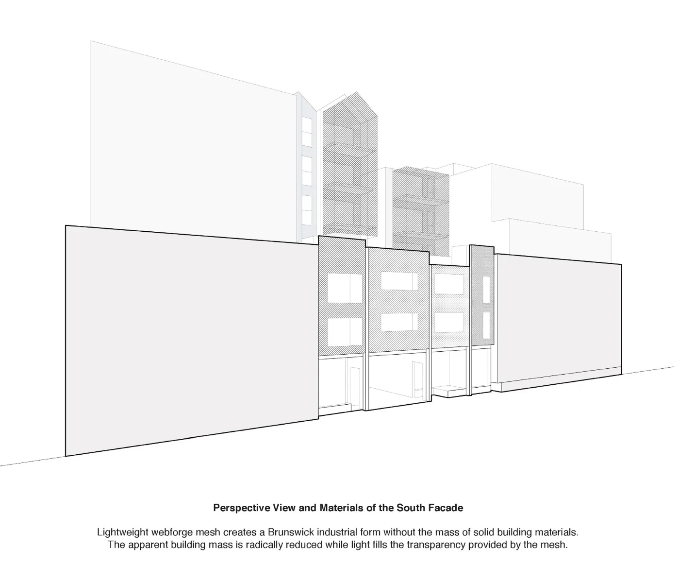 Perspektivische Ansicht und Materialien der Südfassade, Grafik