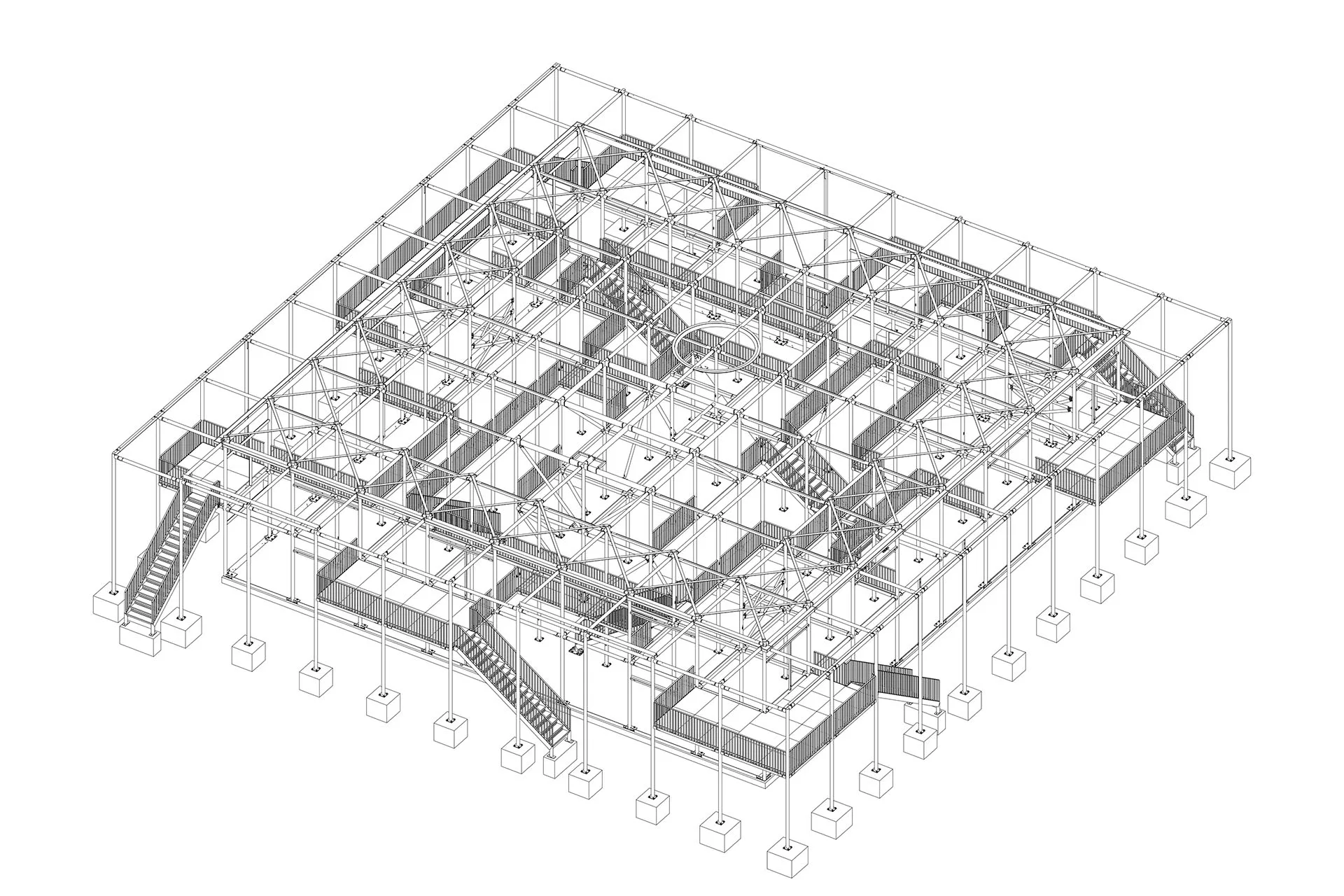 Axonometrie des Tragwerks. Die vielen Treppen im Studierendenhaus dienen nicht nur der dezentralen Erschließung, sondern steifen die Stahlskelettkonstruktion aus. Grafik