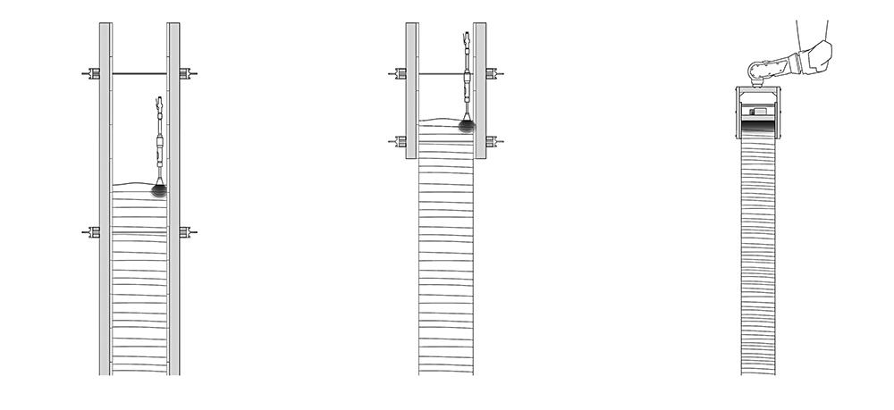 Verschiedene Schalungskonzepte im Stampflehmbau: Vorab gestellte Schalung analog dem Betonbau (links), Kletterschalung (Mitte) und aktive Gleitschalung (rechts). Die Aktivierung eines
Schalungselements stützt punktuell lediglich die Verdichtungszone, dies reduziert die Schalungsgröße auf ein Minimum.