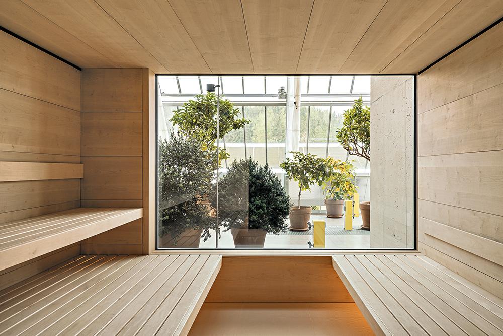 Aus der Sauna des Wellnessbereichs geht der Blick durch das Glashaus hinaus in die Berglandschaft.
