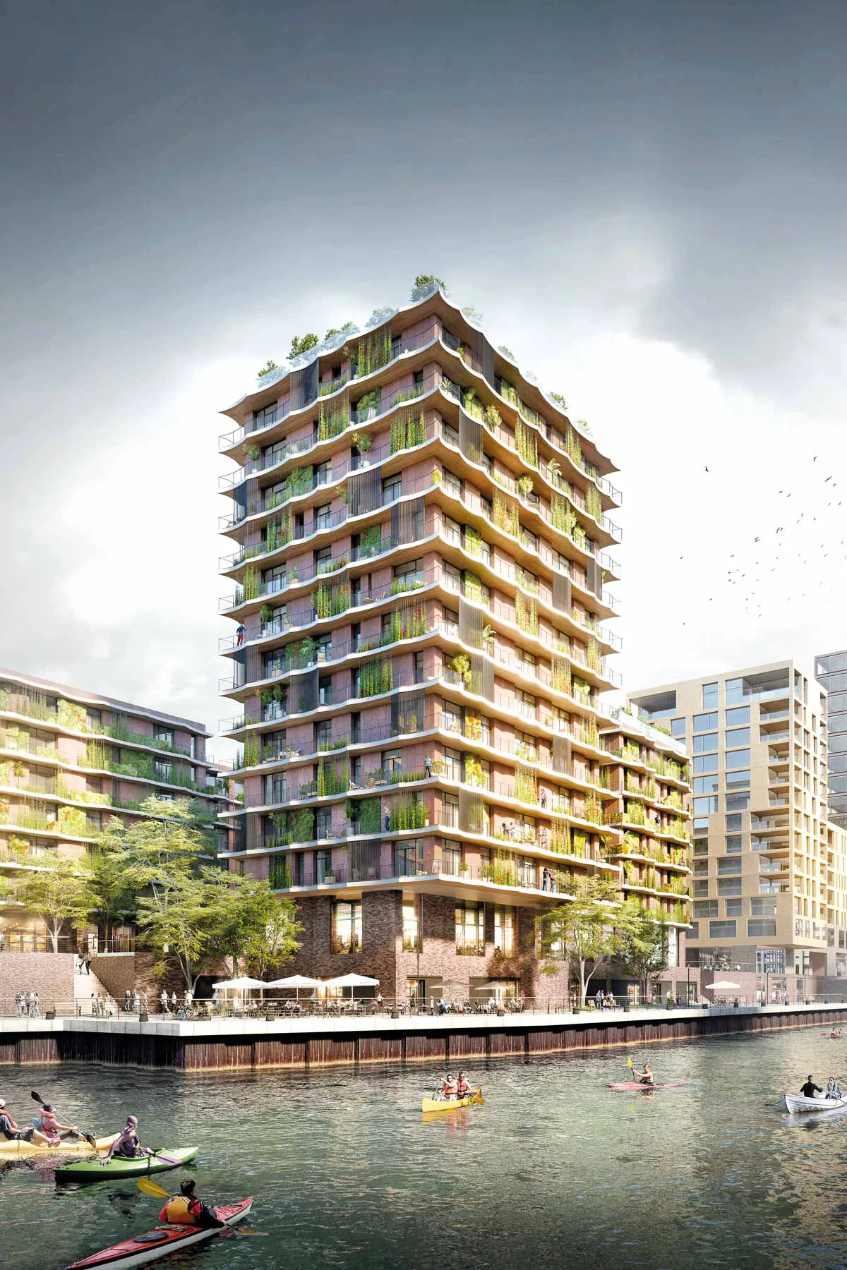 Das Projekt Moringa in der HafenCity Hamburg soll nach seiner Fertigstellung das erste Wohnhochhaus in Deutschland nach dem Cradle-to-Cradle-Prinzip sein. Visualisierung