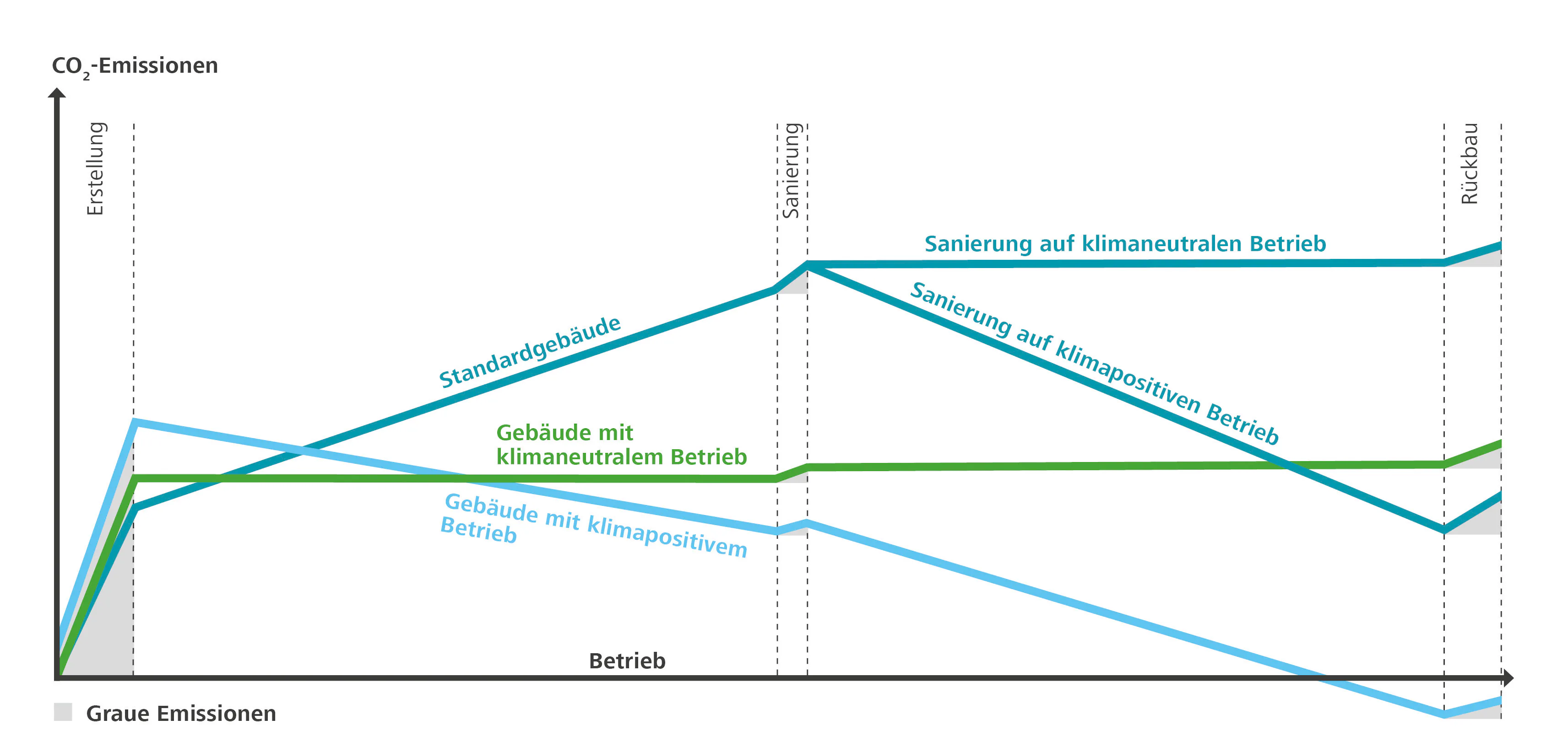 CO2-Emissionen im Lebenszyklus eines Gebäudes. Die grauen Emissionen der Errichtung, Sanierung und des Rückbaus können mit einem klimapositivem Betrieb im Zeitverlauf ausgeglichen werden.