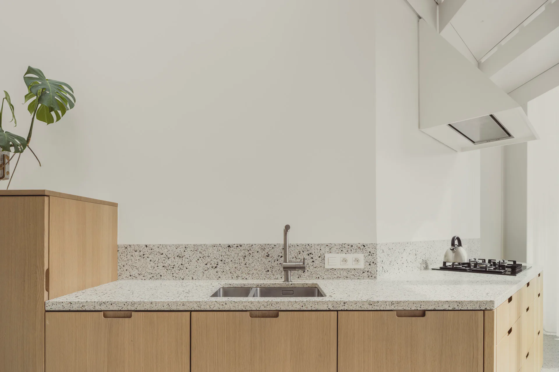 Der neue Anbau beherbergt im Erdgeschoss die Küche. Das Material Terrazzo bildet die Arbeitsfläche und findet sich auch als Bodenbelag wieder.