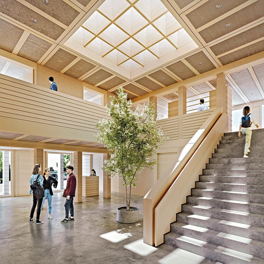 Die Visualisierung zeigt die Holz-Lehm-Massivdecke im Neubau von Brückner & Brückner Architekten für den Verband für Ländliche Entwicklung (VLE) Oberpfalz in Tirschenreuth.