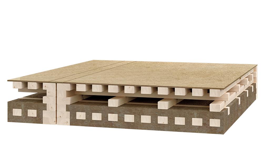 Die Visualisierung oben zeigt das Deckenelement in der Ursprungsvariante BSP (Brettsperrholz)- Light. Sie ist auf automatisierte Fertigung ausgelegt. Unten ist die auf dieser Basis bei Leipfinger-Bader entwickelte Variante der Stakendecke zu sehen, wie sie im VLE Tirschenreuth verbaut wird. Der Hohlraum über der Dämmschicht dient der Installationsführung. Den oberen Abschluss des Elements bildet eine Holzwerkstoffplatte.