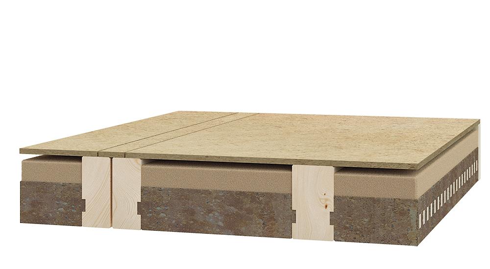 Die Visualisierung oben zeigt das Deckenelement in der Ursprungsvariante BSP (Brettsperrholz)- Light. Sie ist auf automatisierte Fertigung ausgelegt. Unten ist die auf dieser Basis bei Leipfinger-Bader entwickelte Variante der Stakendecke zu sehen, wie sie im VLE Tirschenreuth verbaut wird. Der Hohlraum über der Dämmschicht dient der Installationsführung. Den oberen Abschluss des Elements bildet eine Holzwerkstoffplatte.