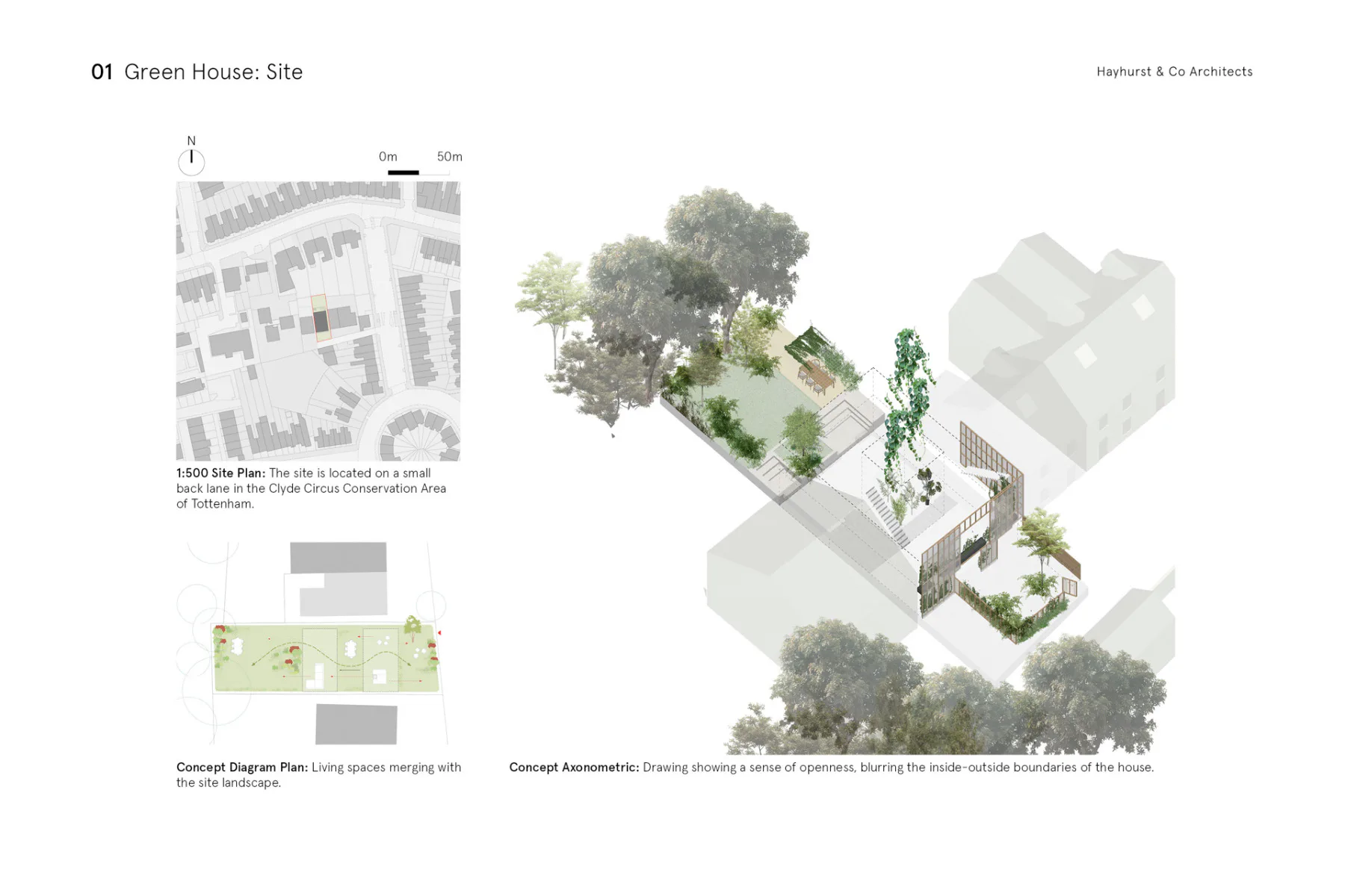 Das Wohnhaus grenzt links und rechts an zwei Backsteinhäuser, Axonometrisches Konzept, Grafik