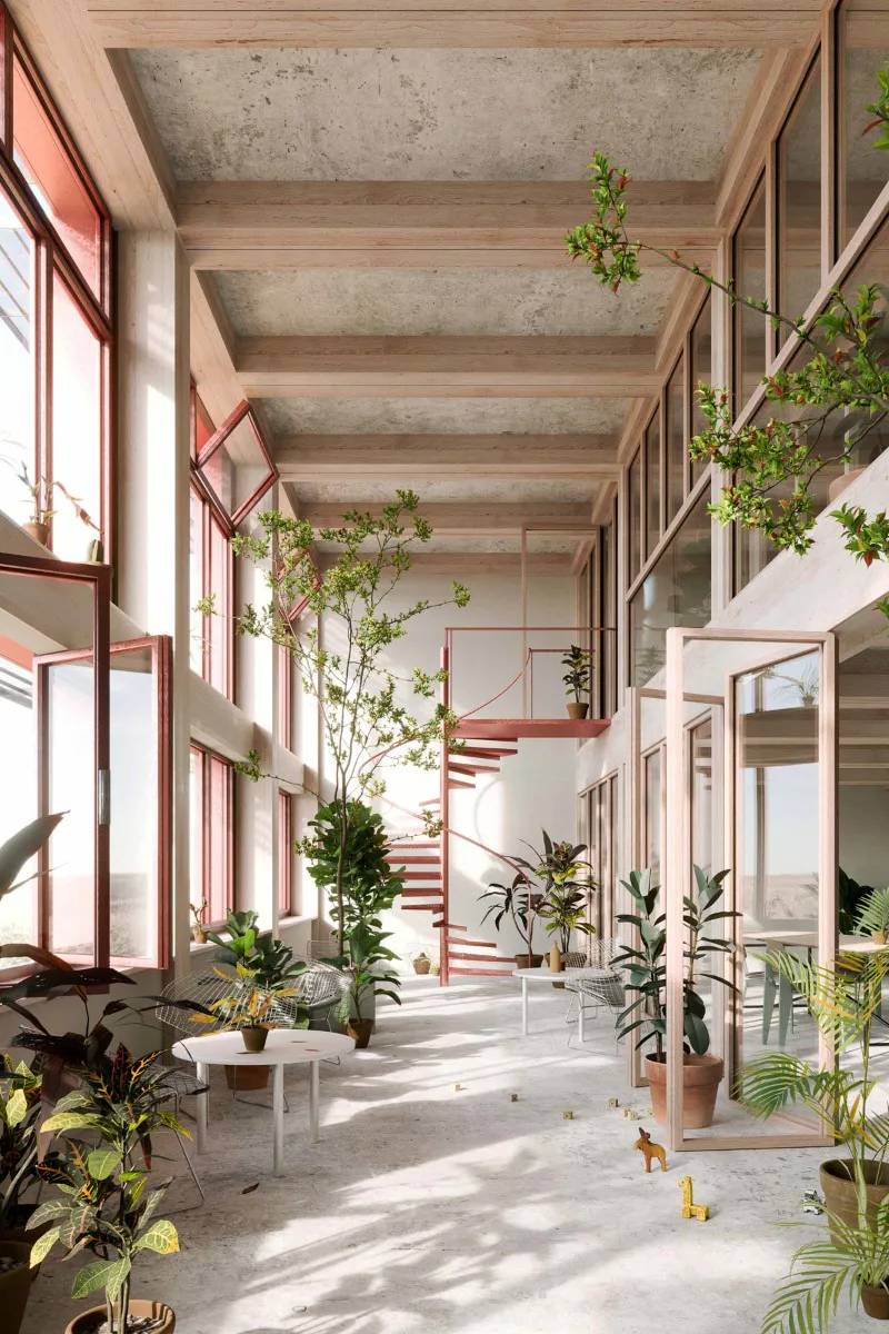 Entsprechend der Holzbaustruktur sind die Wohntypen modular und lassen eine flexible vertikale sowie horizontale Organisation zu. Visualisierung