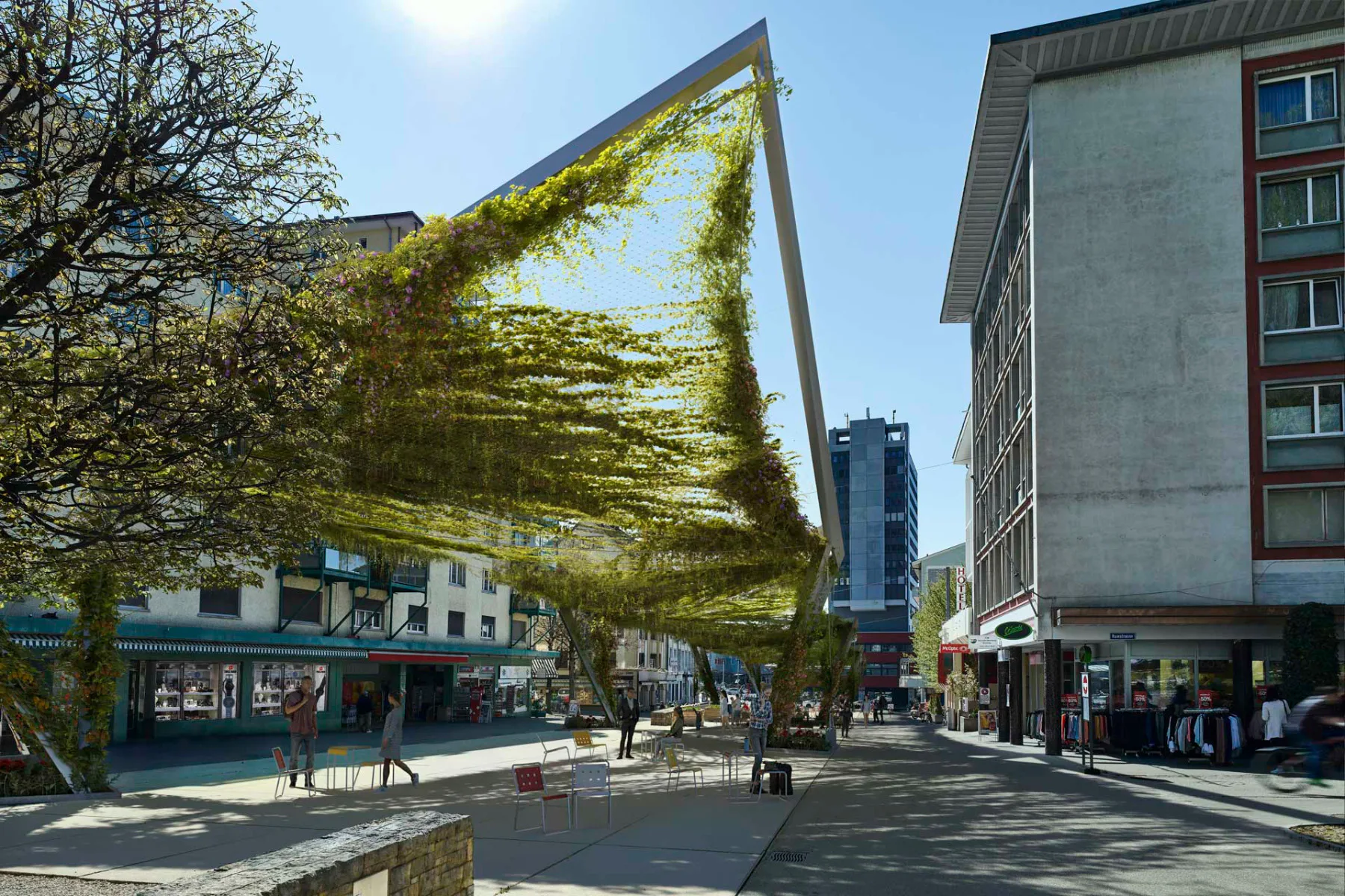 Die Projektstudie zeigt ein weit gespanntes Edelstahlnetz im städtischen Raum, an dessen Tragstruktur Kletterpflanzen vertikal und horizontal heranwachsen.