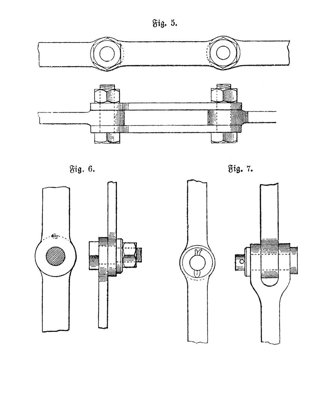 Fig.5 - Fig. 7. // Längsstöße von Zug- und Druckstäben im Stahl-/Eisenbau [Anm. d. Red.]
