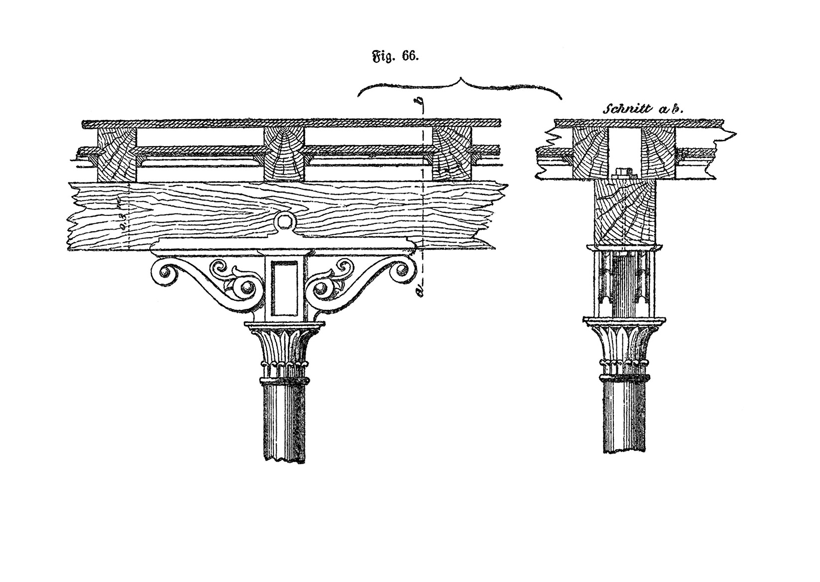 Fig. 66. // Ansicht und Schnitt Stützenkopf unter Holzbalkendeckenkonstruktion [Anm. d. Red.]
