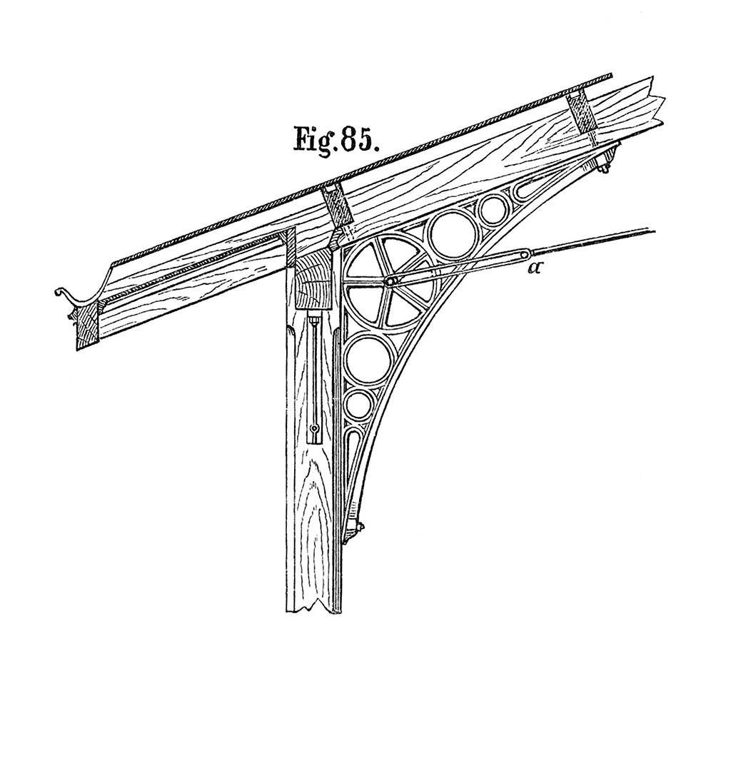Fig. 85. // Ansicht Verbindung von Sparren und Pfosten mittels gusseisernem Träger [Anm. d. Red.]