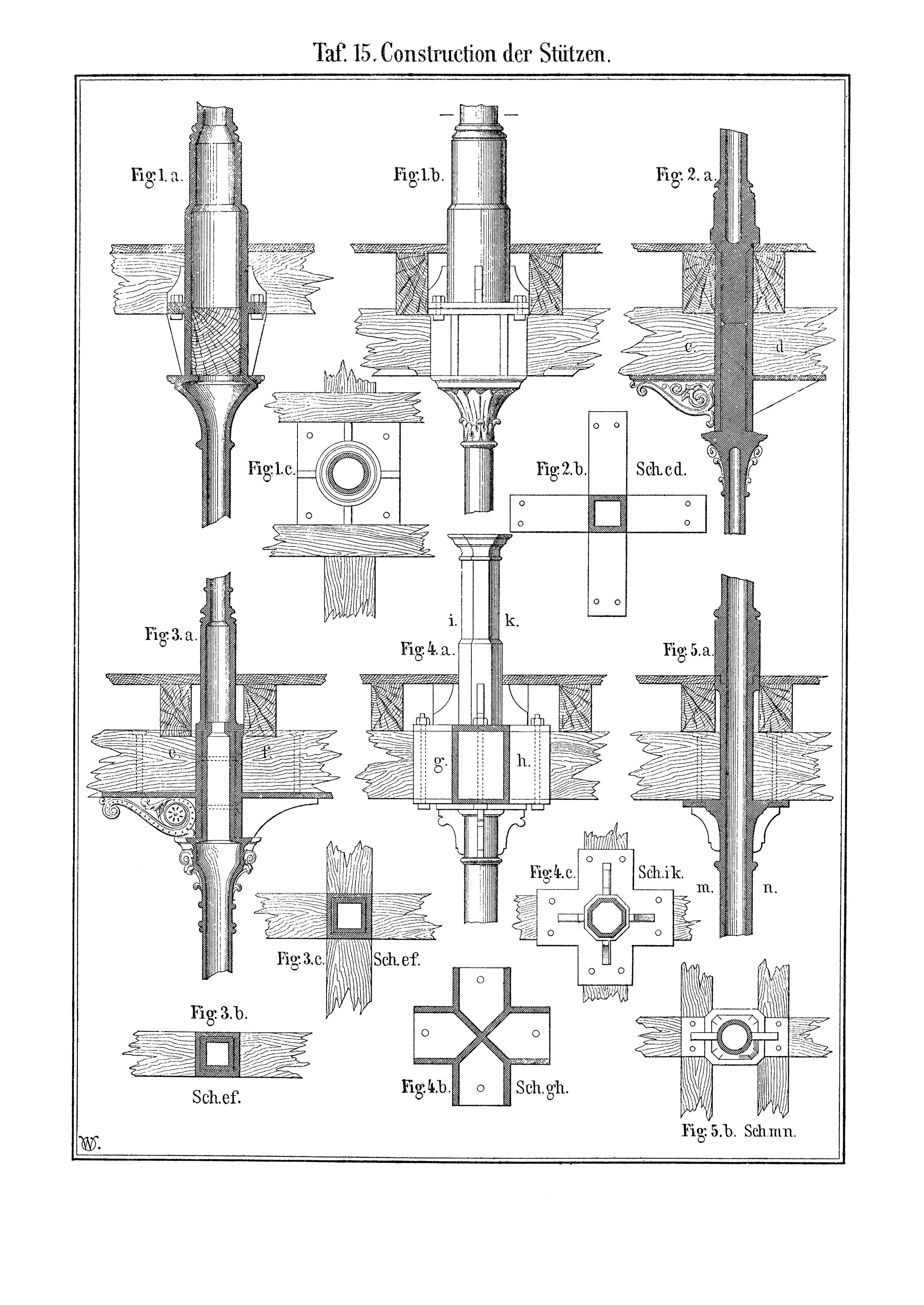 Taf. 15. // Verschiedene Konstruktionen gusseiserner Stützen für Holzbalkendecken in Schnitt und Grundriss [Anm. d. Red.]