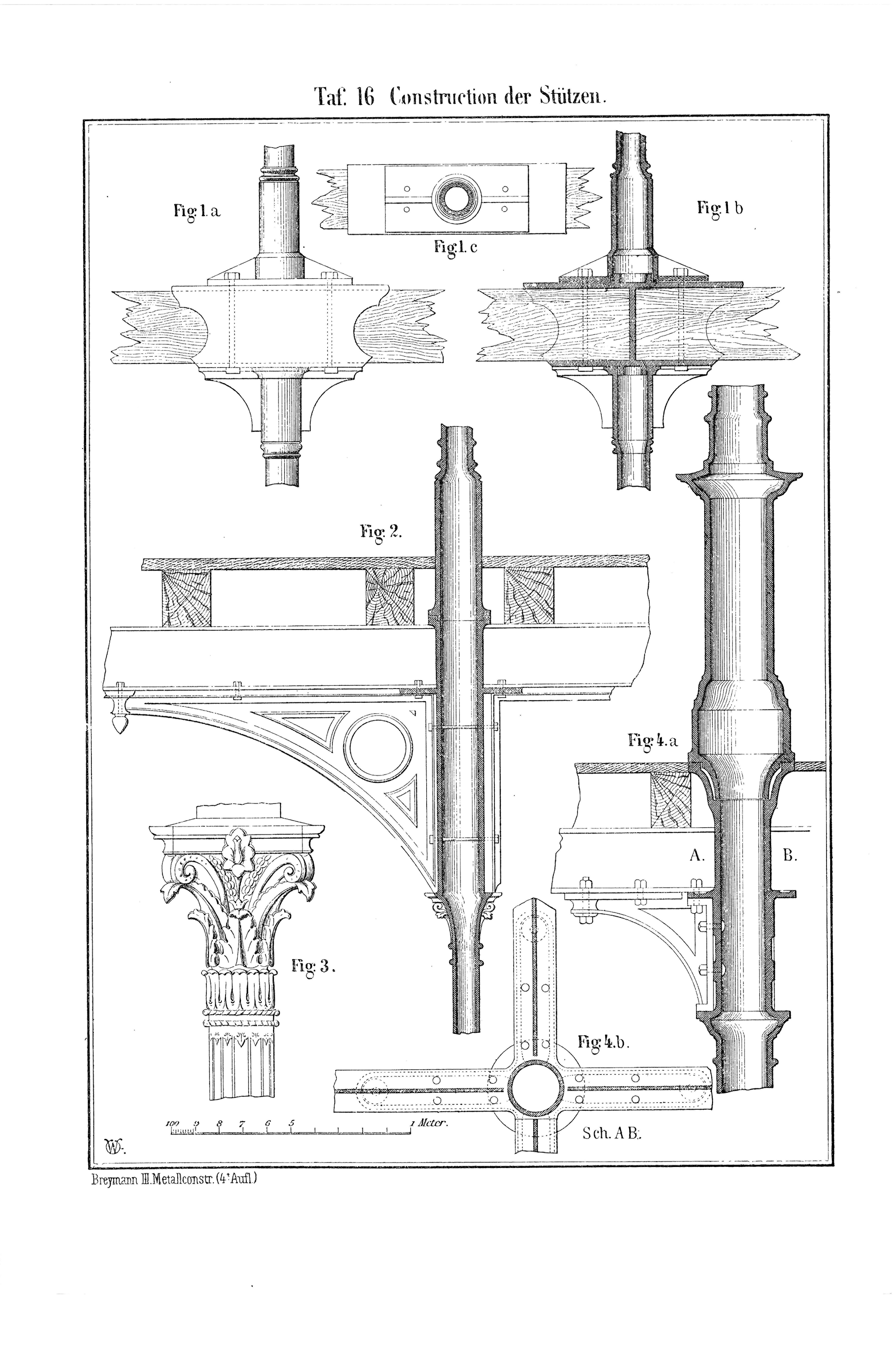 Taf. 16. // Verschiedene Konstruktionen gusseiserner Stützen für Stahl/Eisendecken in Schnitt und Grundriss [Anm. d. Red.]