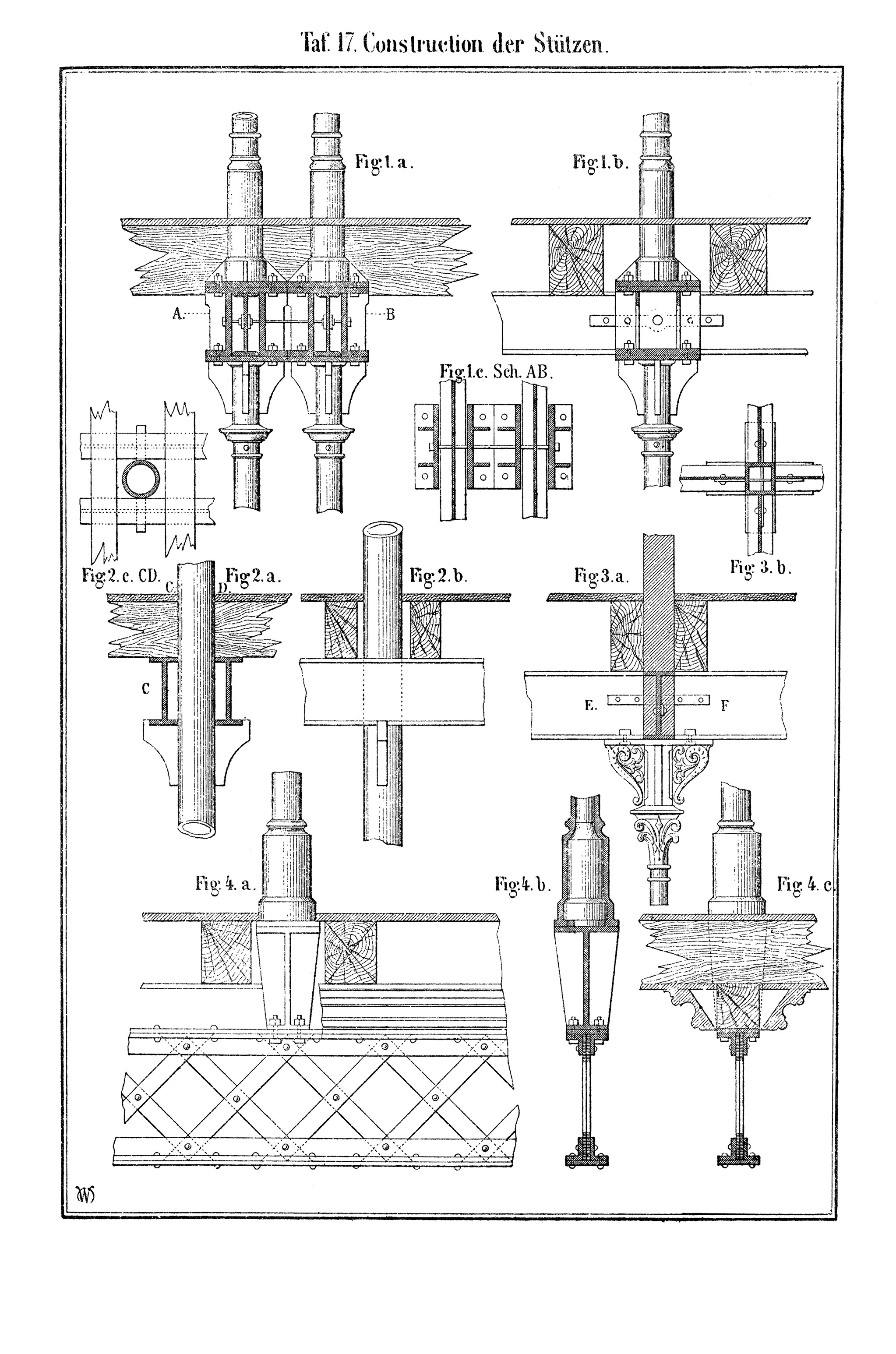 Taf. 17. // Verschiedene Konstruktionen gusseiserner Stützen für Stahl/Eisendecken in Schnitt und Grundriss [Anm. d. Red.]