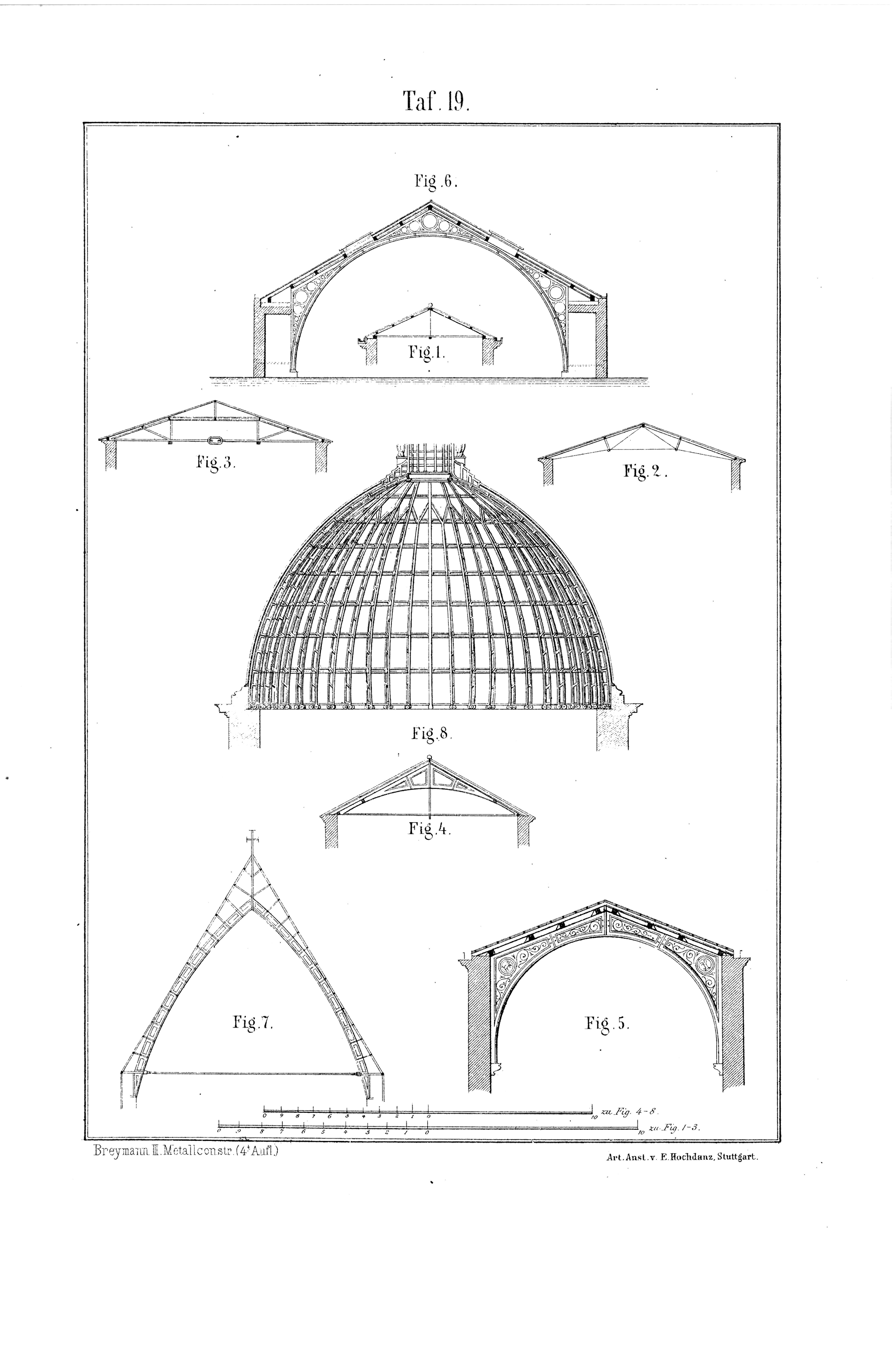 Taf. 19. // Verschiedene Konstruktionen von Dachstühlen aus Eisen [Anm. d. Red.]