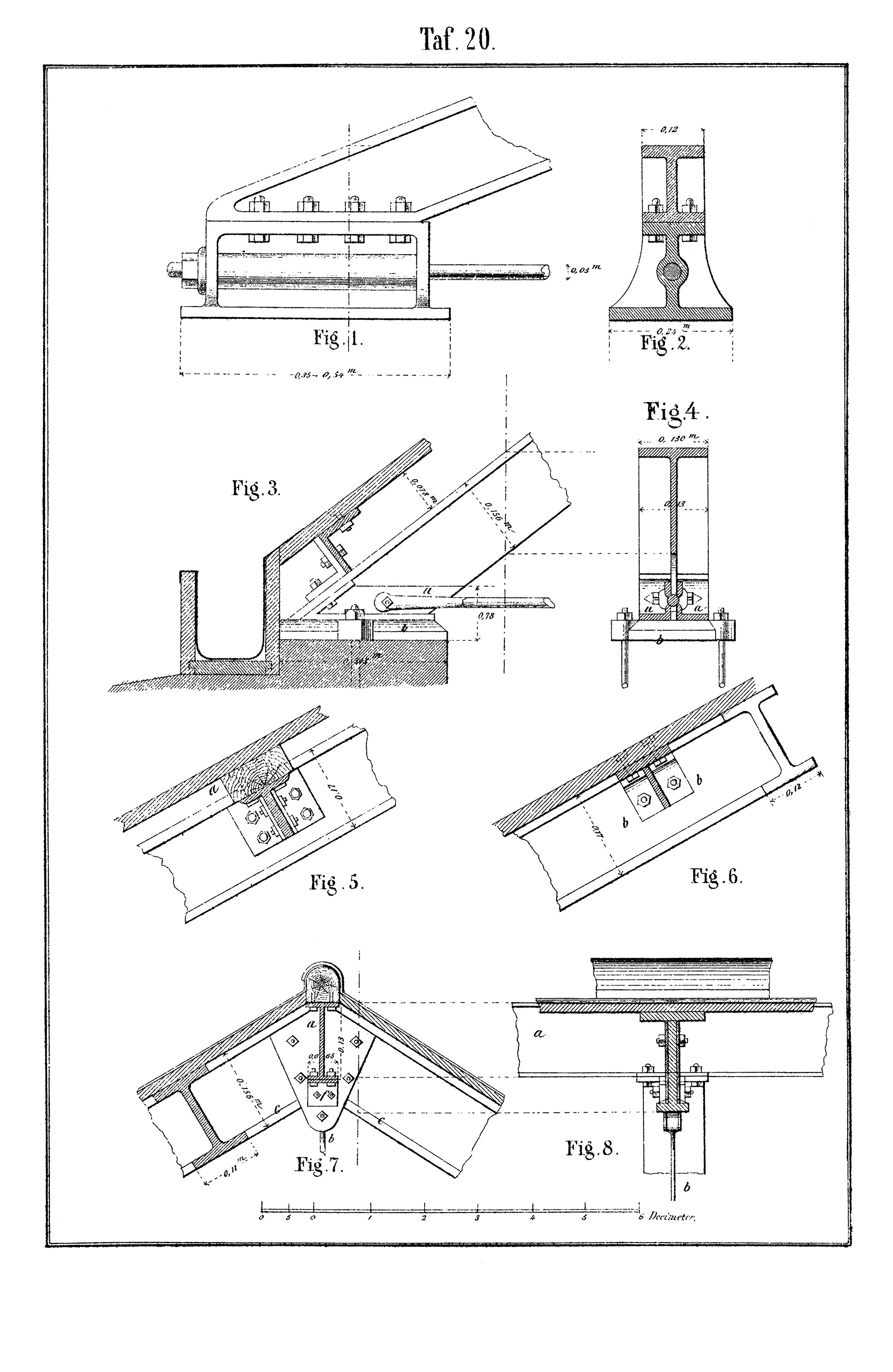 Taf. 20. // Details verschiedener Konstruktionspunkte im Dachstuhl aus Eisen [Anm. d. Red.]