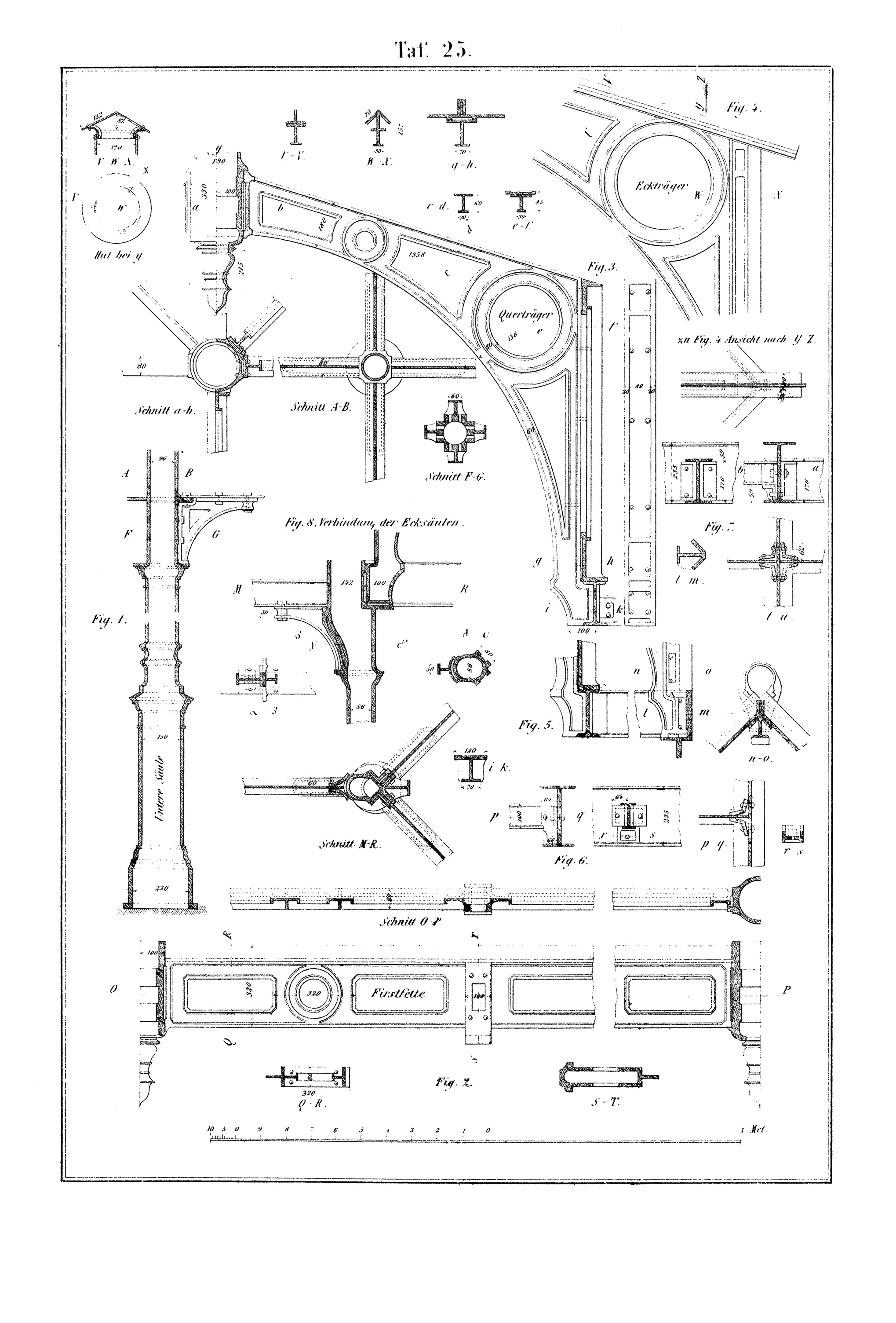 Taf. 25. // Konstruktive Details einer gusseisernen Dachkonstruktion, Magazin in Karlsruhe [Anm. d. Red]