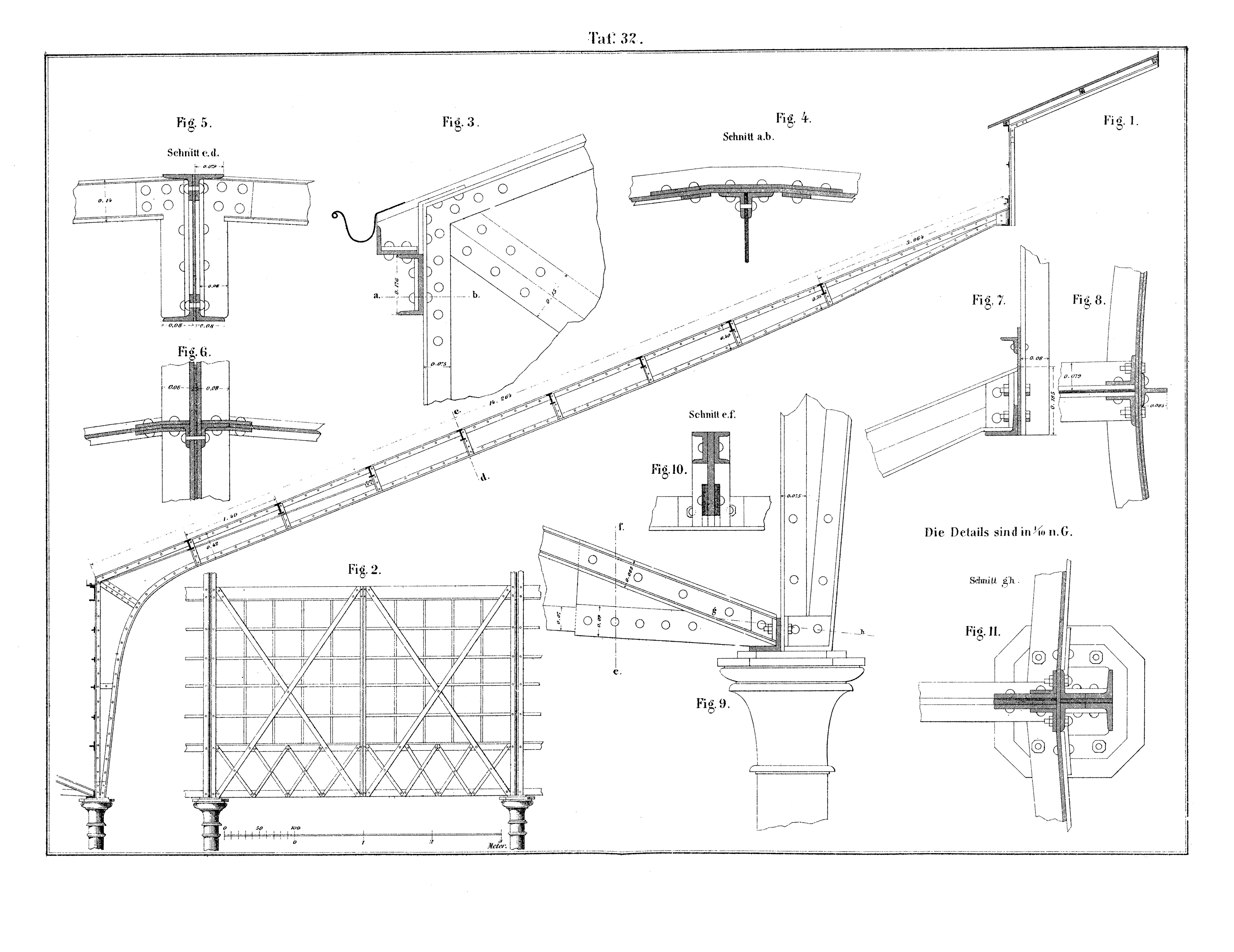 Taf. 32. // Konstruktionsdetails des Zeltdaches der neuen Lokomotivremise, Bahnhof Karlsruhe [Anm. d. Red.]