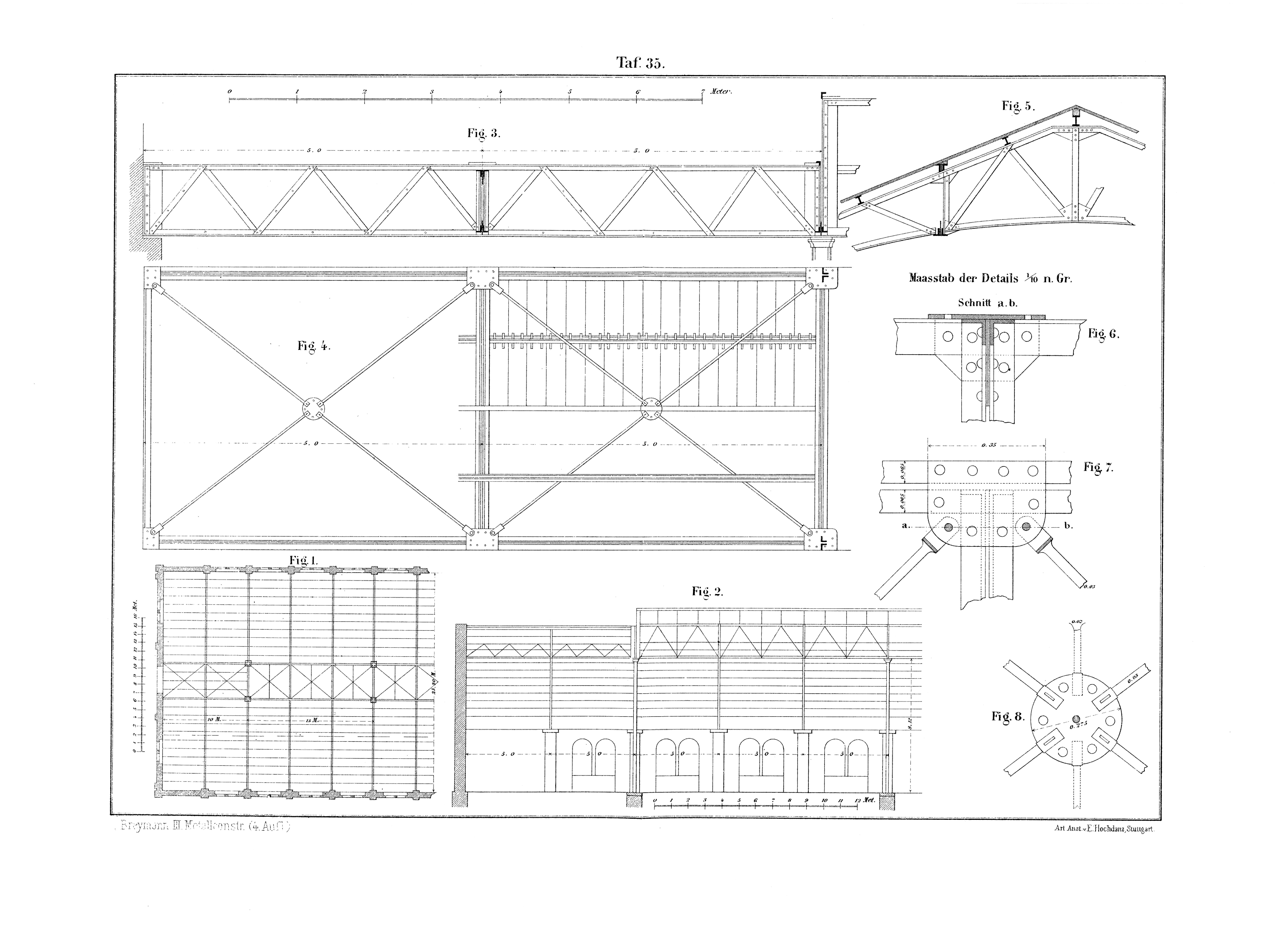 Taf. 35 // Teilausschnitt Grundriss und Längsschnitt der Schmiedewerkstätte des Bahnhofes in Karlsruhe [Anm. d. Red.]
