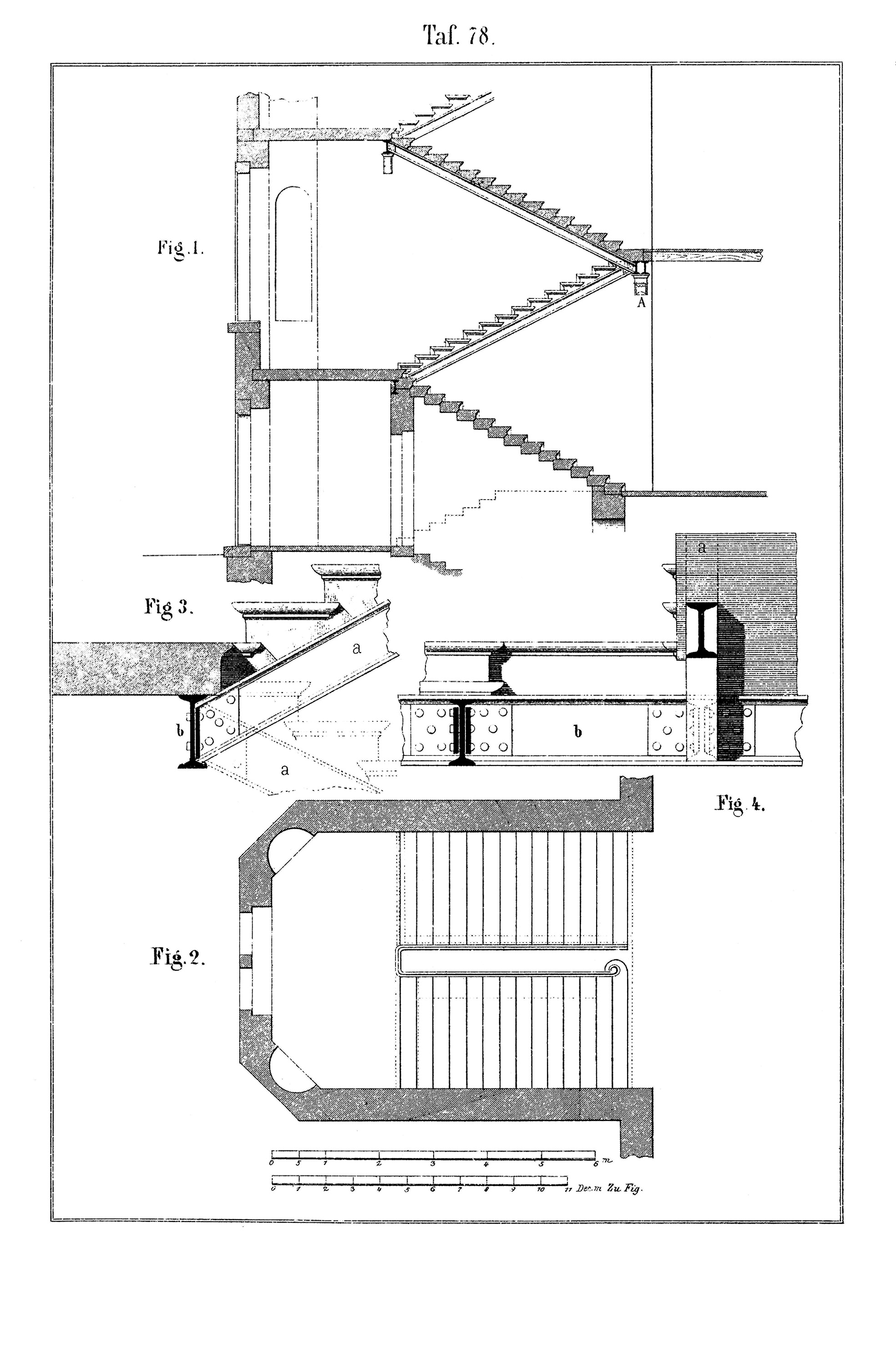 Fig. 78. // Schnitt und Grundriss aufgestellte Treppe mit Stahl/Eisenträger und Werksteinstufen [Anm. d. Red.]