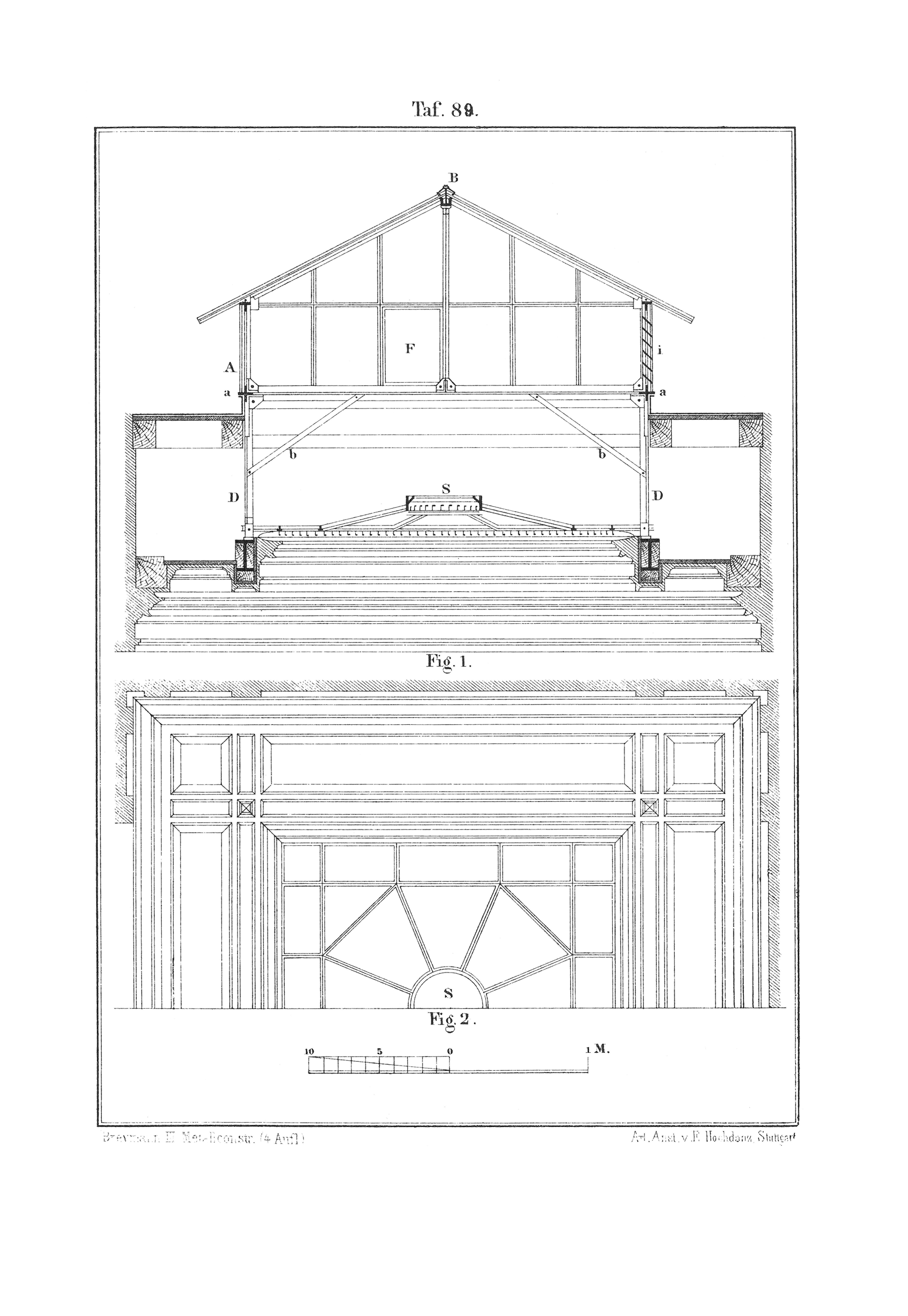 Taf. 89. // Schnitt und Ansicht Oberlicht eines Treppenhauses [Anm. d. Red.]