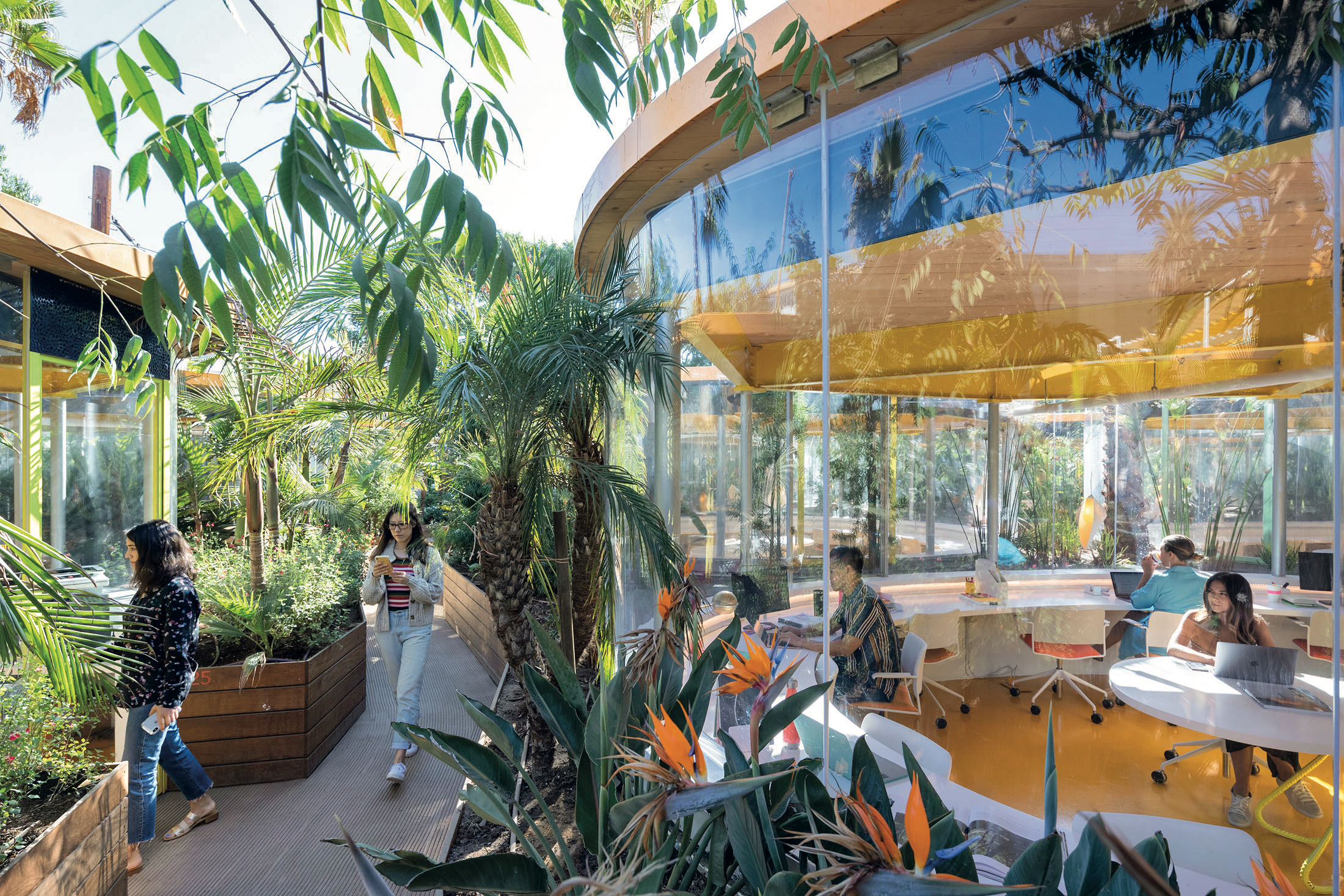 A total of 60 pavilions with an oval base and bright yellow roofs are spread out in the Second Homes tropical garden. A further 700 additional workstations are available.