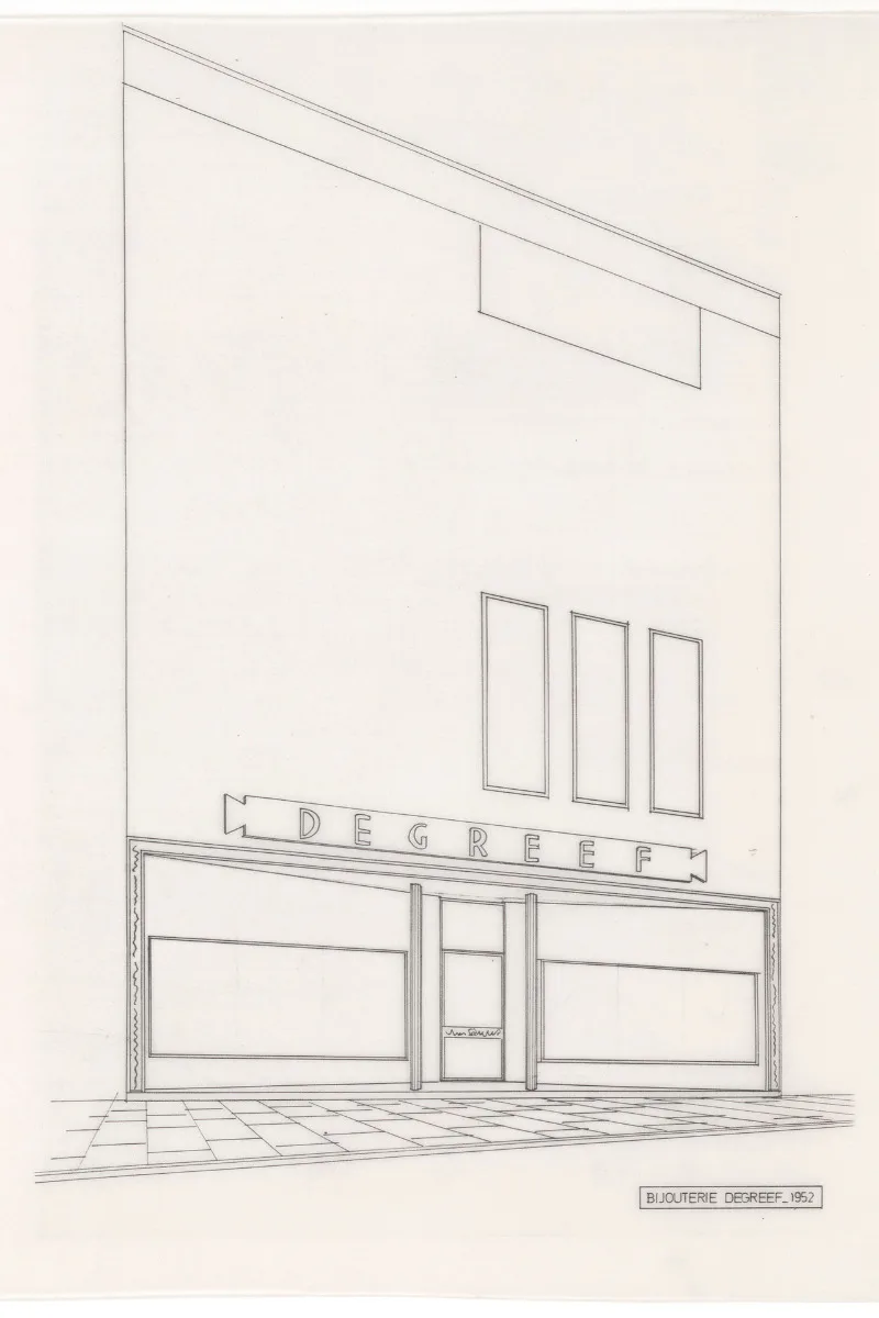 Simone Guillissen-Hoa, Jacques Dupuis - Elevation project for jewellery De Greef, rue au Beurre I Boterstraat, Brussels 1953
