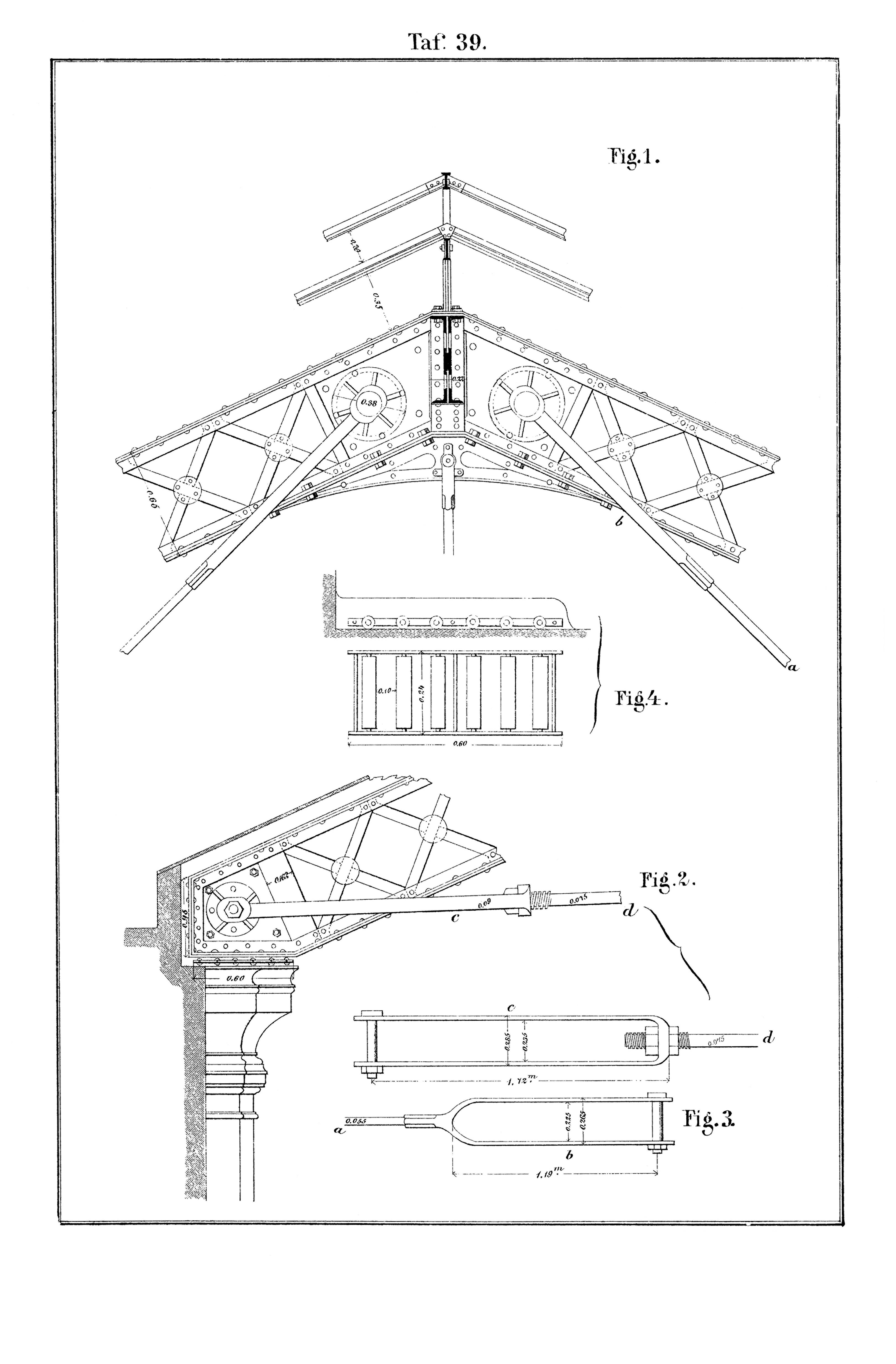 Taf. 39. // Details Fuß- und Firstpunkt des unterspannten Gitterträgers