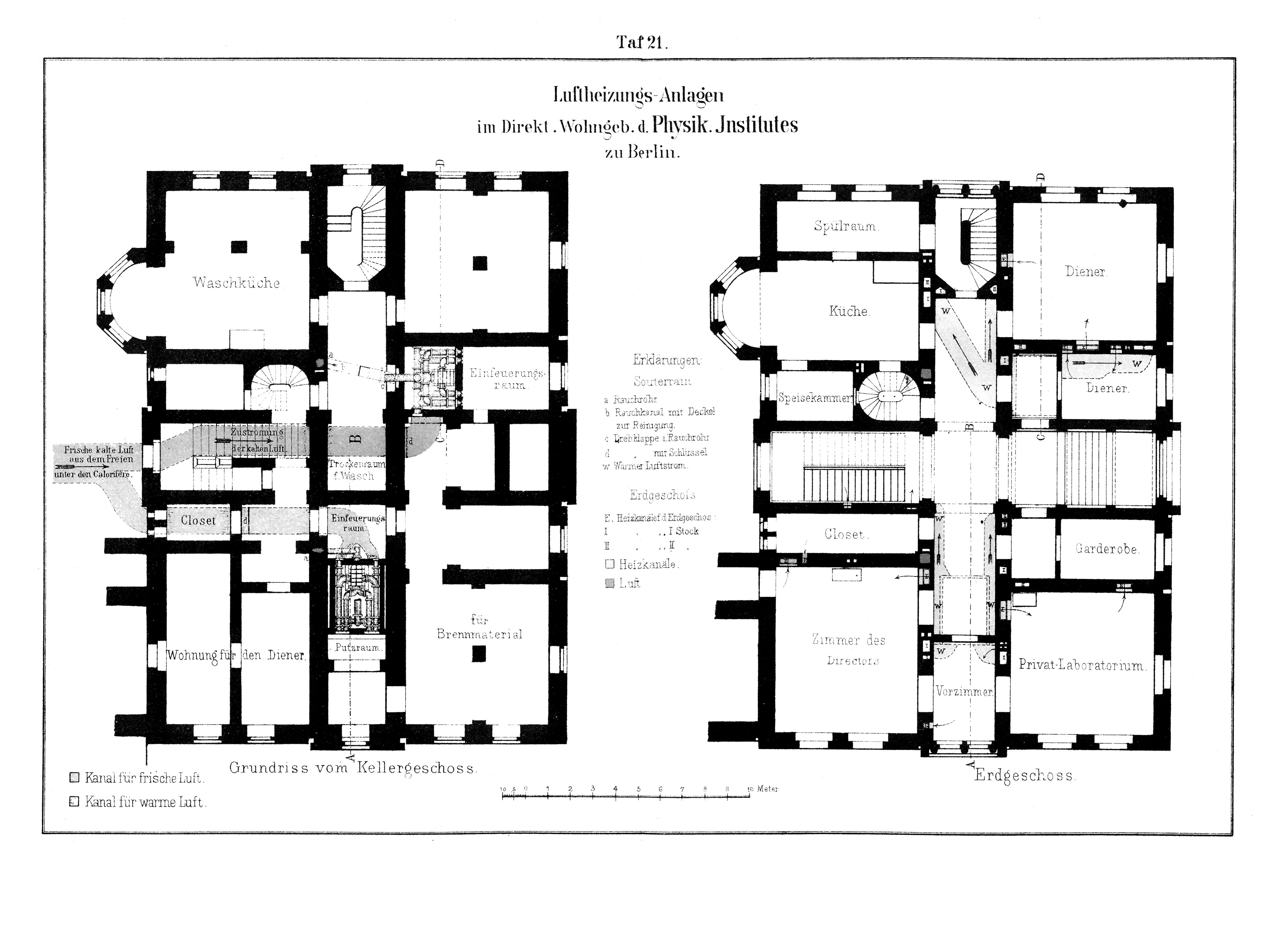Taf. 21. // Luftheizungs-Anlagen im Direktorial-Wohngebäude des Physikalischen Institutes zu Berlin [Anm. d. Red.]