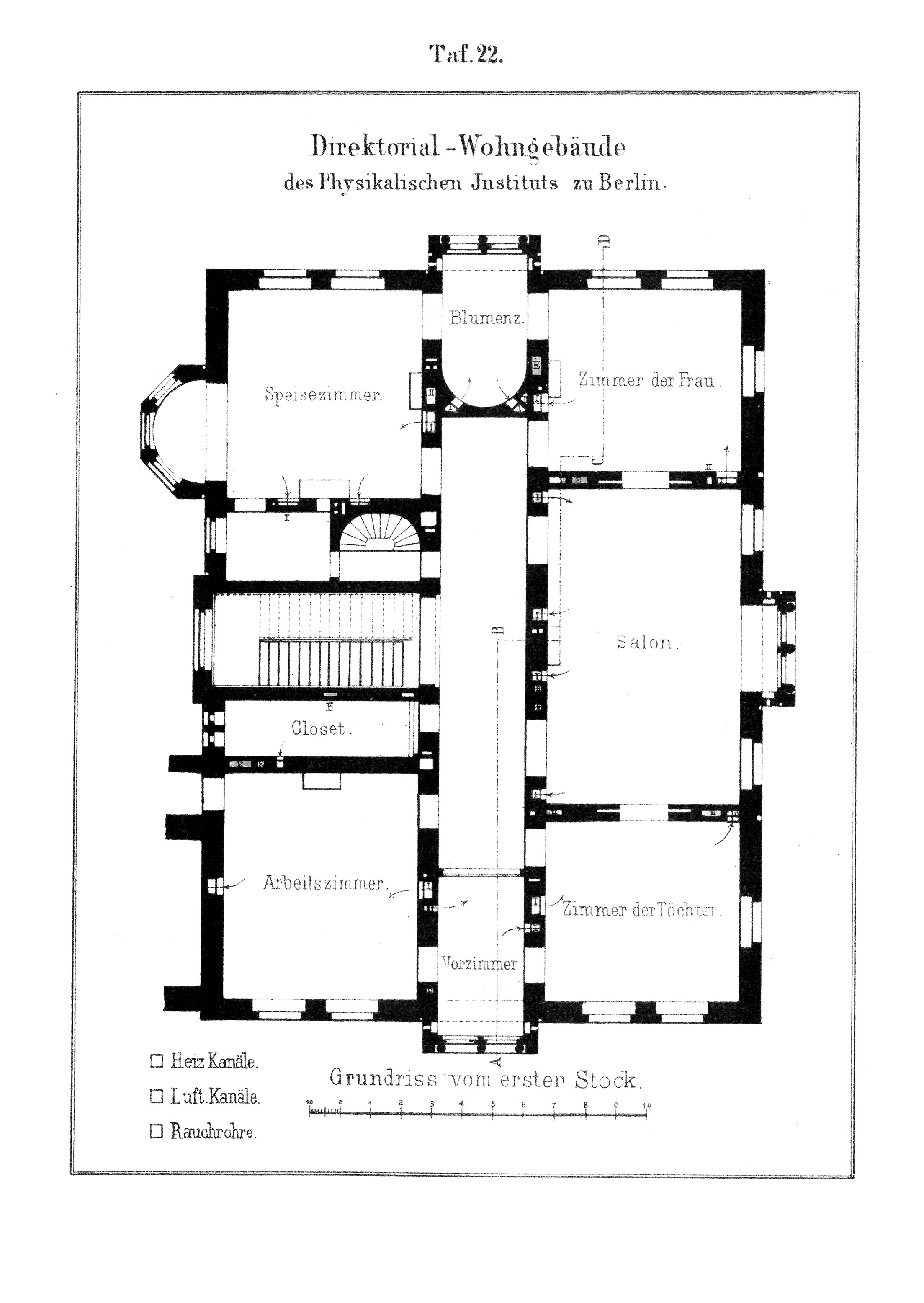Taf. 22. // Grundriss 1. Obergeschoss Direktorial-Wohngebäude des Physikalischen Institutes zu Berlin [Anm. d. Red.]