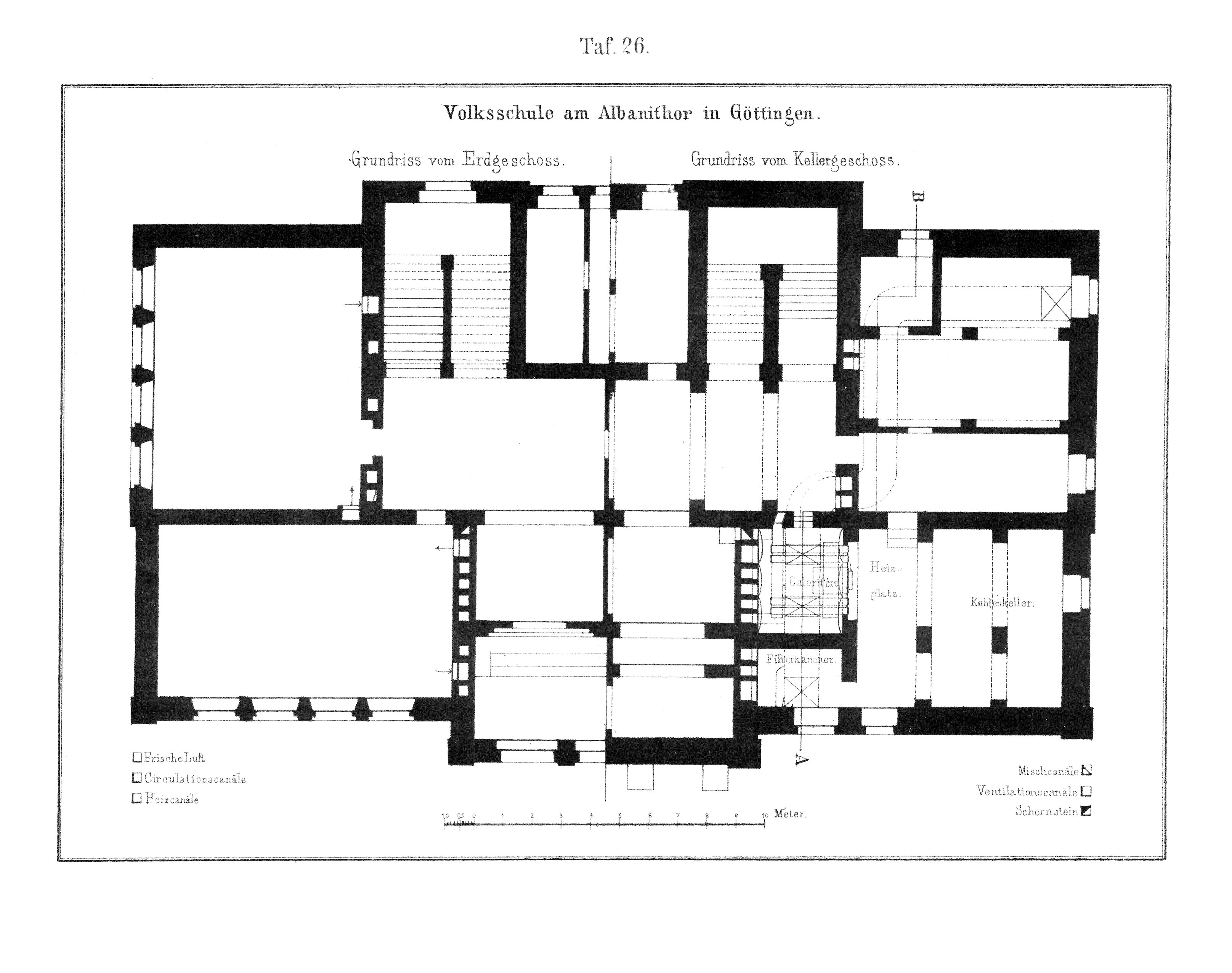 Taf. 26. // Grundriss Erdgeschoss und Keller der Volkshochschule am Albanithor in Göttingen [Anm. d. Red.]
