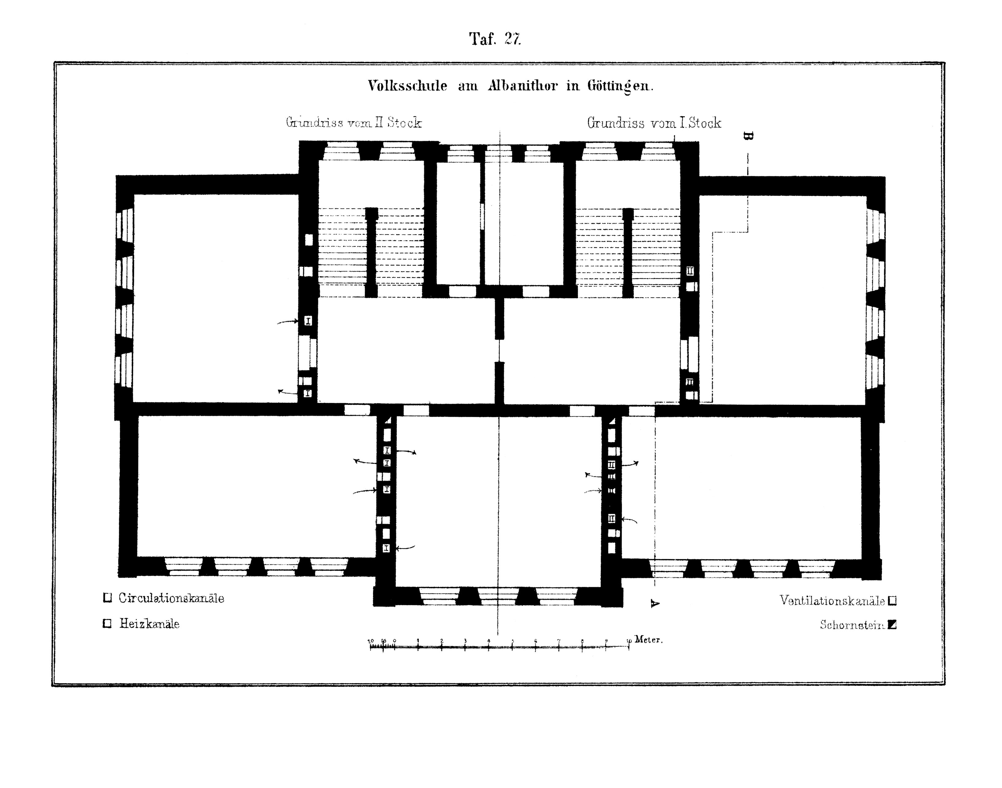 Taf. 27. // Grundriss 1. und 2. Obergeschoss der Volkshochschule am Albanithor in Göttingen [Anm. d. Red.]