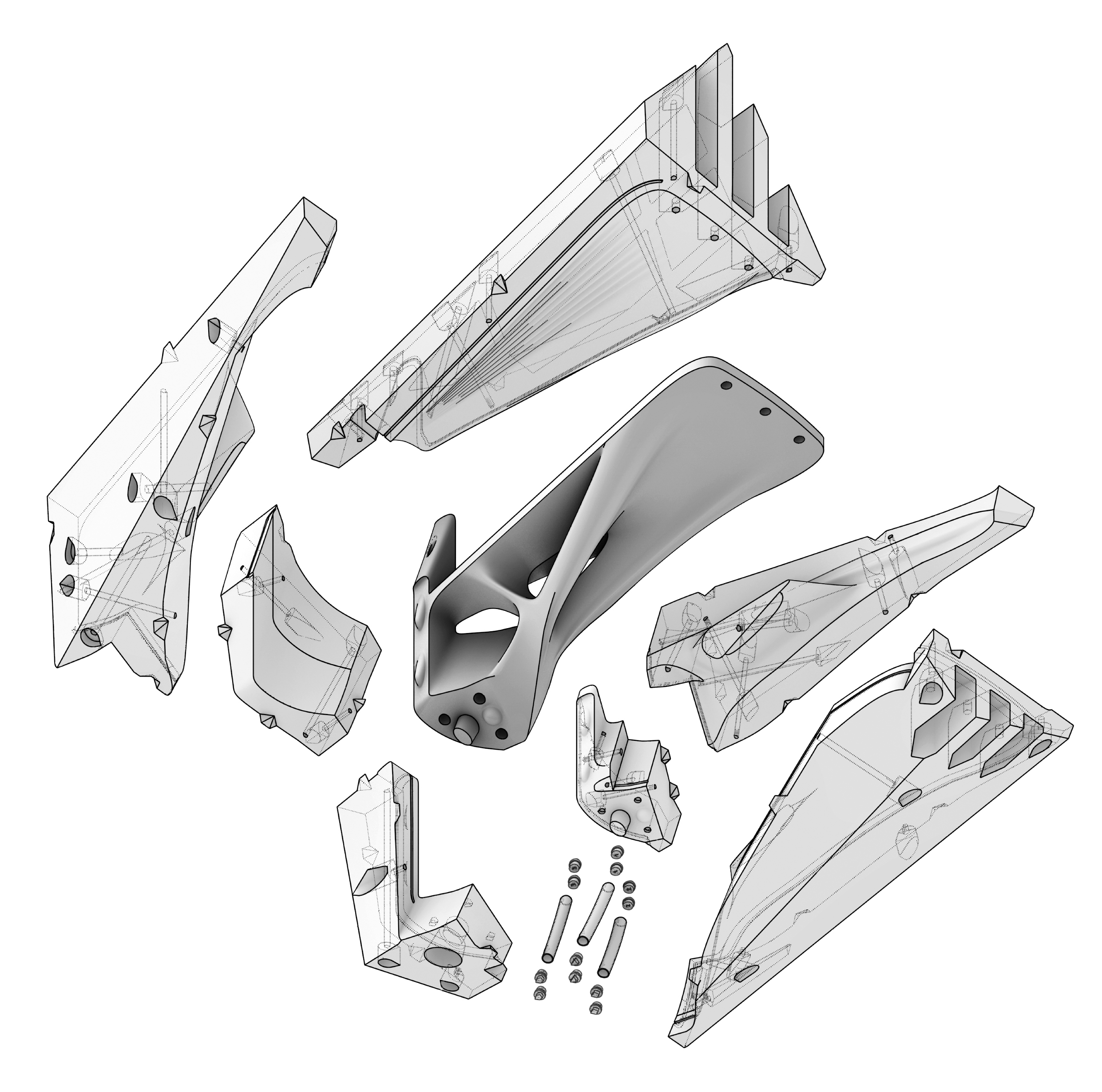 Explosionszeichnung des 3D-gedruckten Schalungssystems mit sieben Einzelelementen für eine Betonstufe.