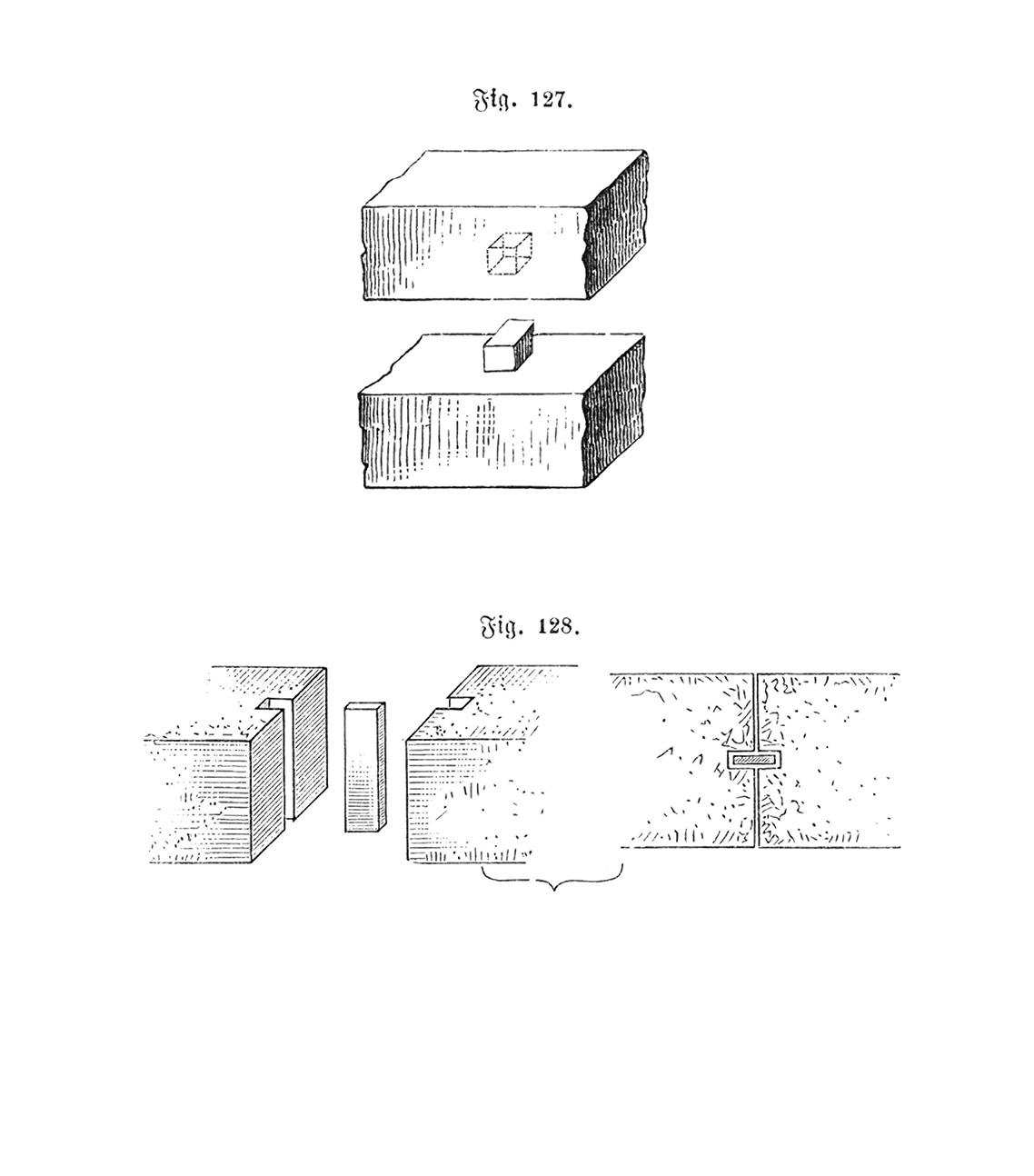 Fig. 127.-128. Verbindung in Quadermauerwerk mit Steindübeln (Dollen) und Federn (Flacheisen) [Anm. d. Red.]