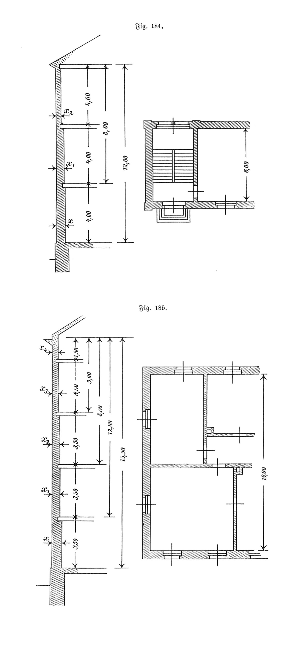 Fig 184. -Fig. 185. Mauerstärken für Back- und Bruchsteine in Abhängigkeit der Geschosshöhe [Anm. d. Red.]