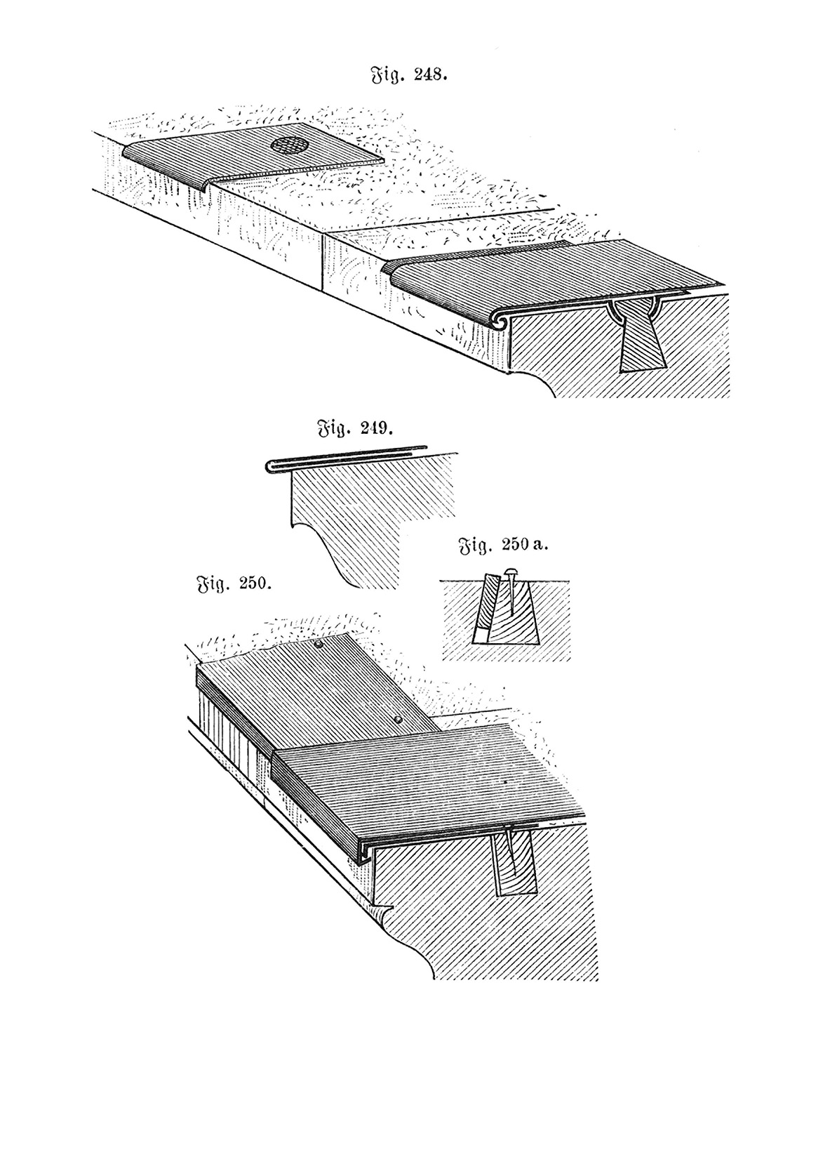Fig. 248.- 250.a Gesimsverblechung mit Holzdübeln [Anm. d. Red.]