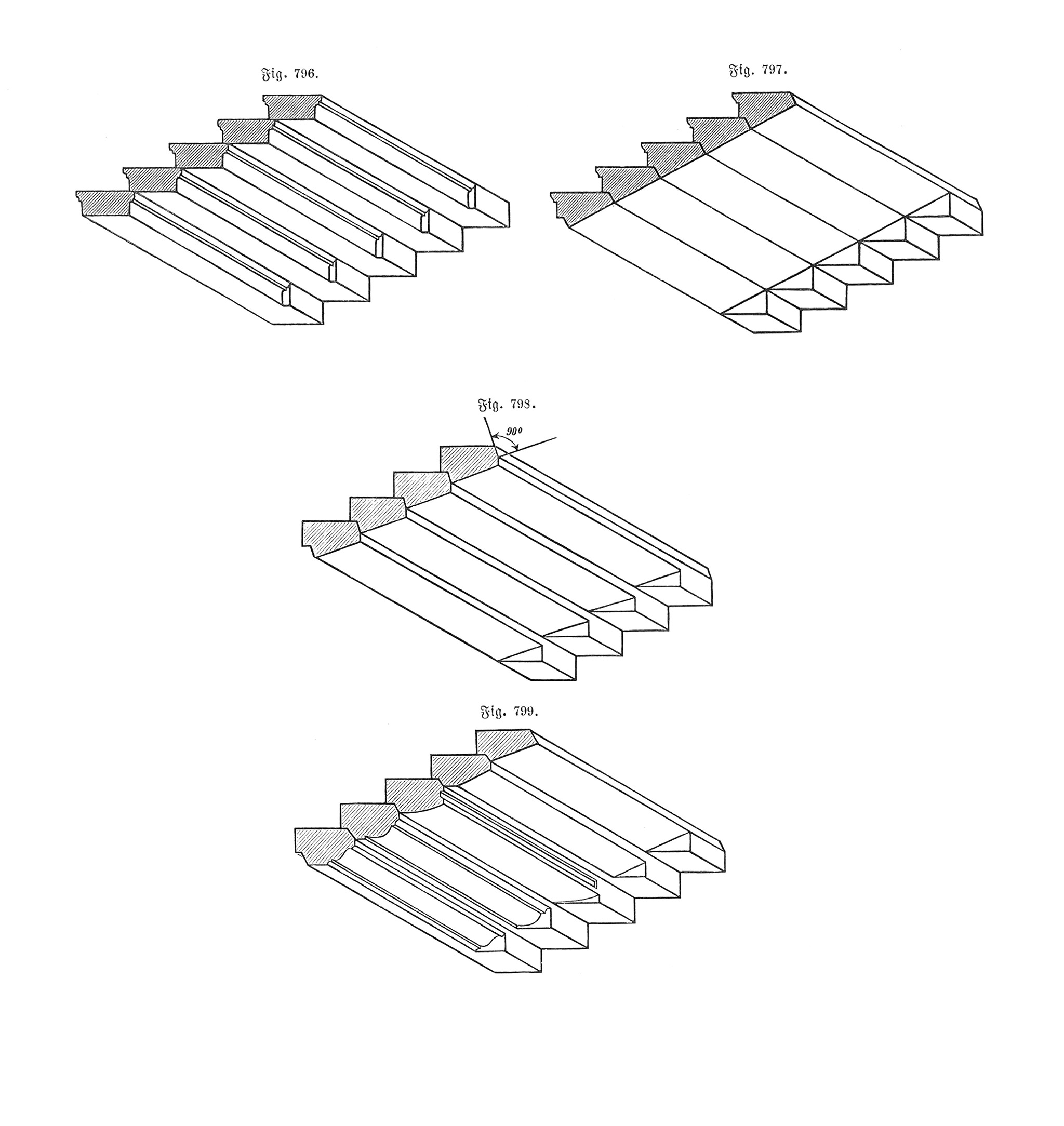 Fig.796.-799. Frei auskragende Natur-/Werksteinstufen mit ausgearbeitetem Mauerauflager [Anm. d. Red]