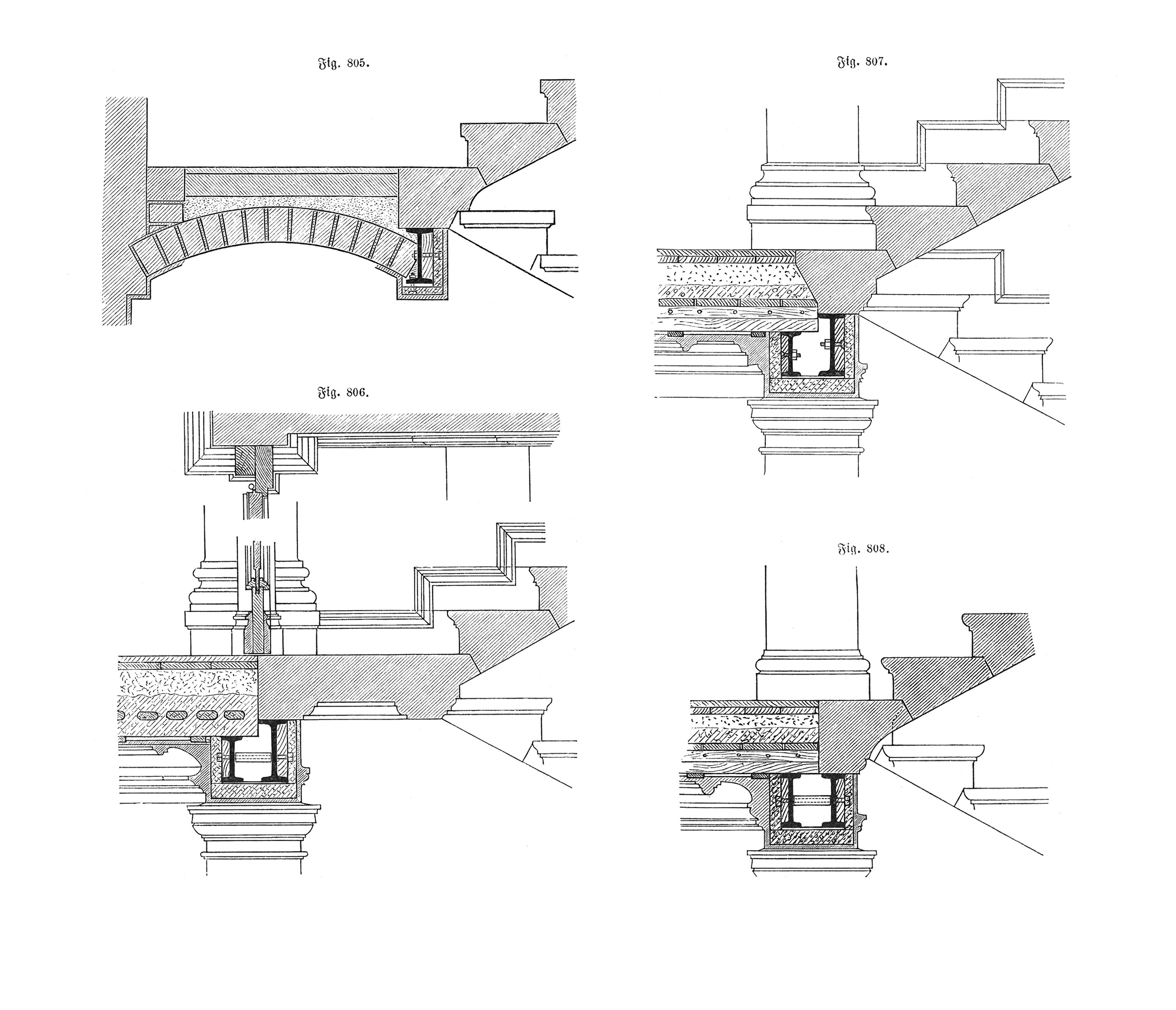 Fig.805.-808. Ausführung Treppenpodest auf Eisenträger [Anm. d. Red.]