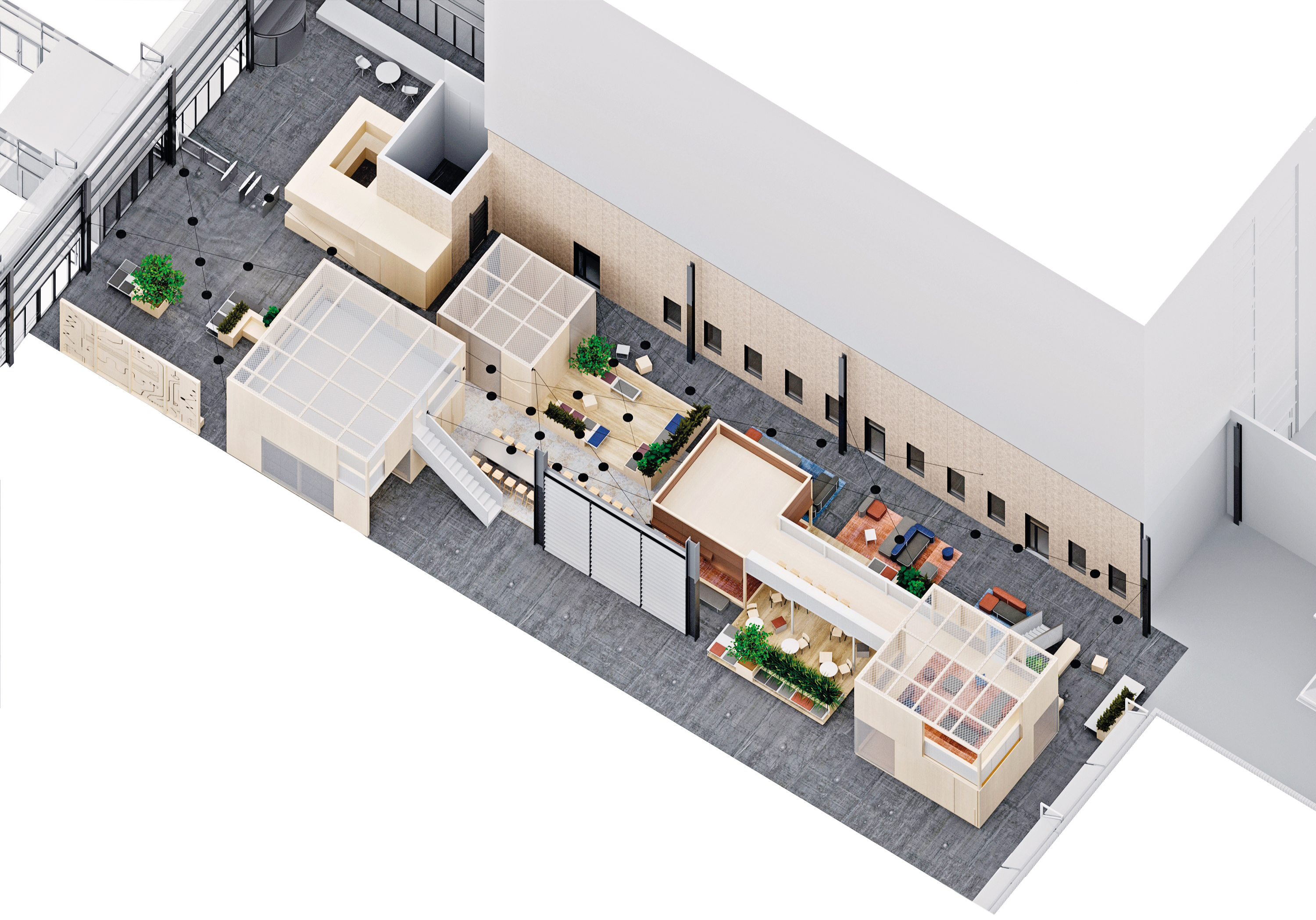 Square cubes structure the new meeting point. The permeable ground floor space offers opportunities for diverse activities.