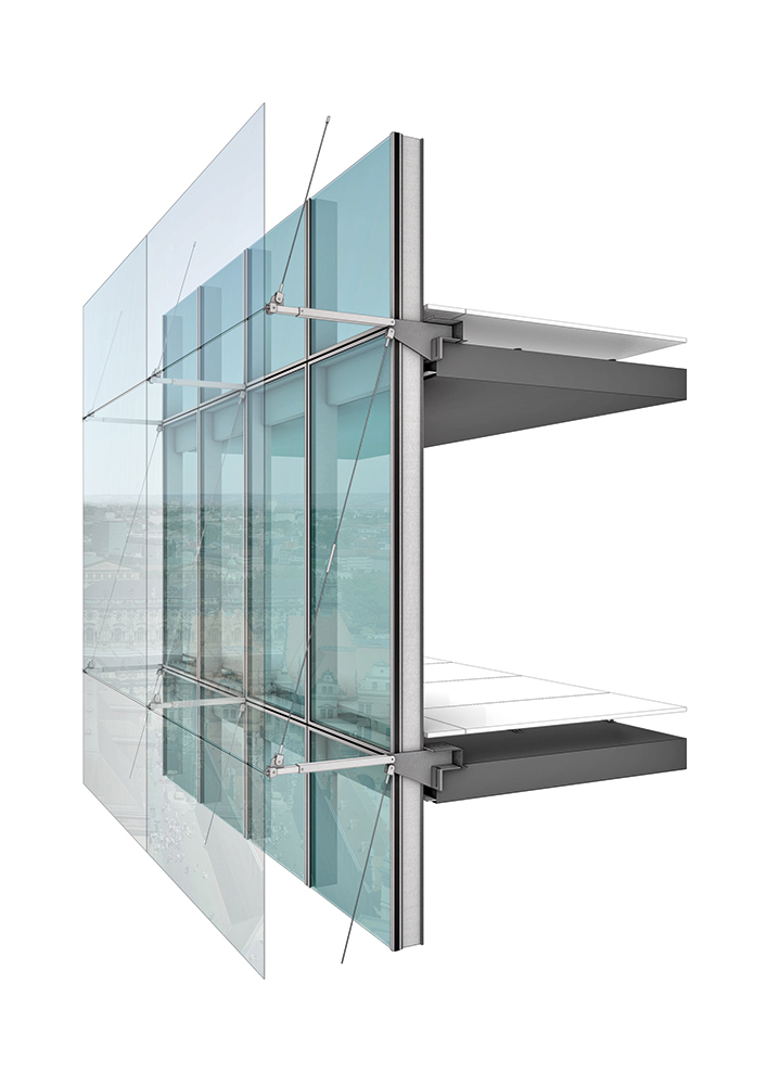 Die Visualisierung zeigt die Konstruktion der Sekundärfassade mit Dünnglas-Verbundscheiben in einem ersten Konzept.