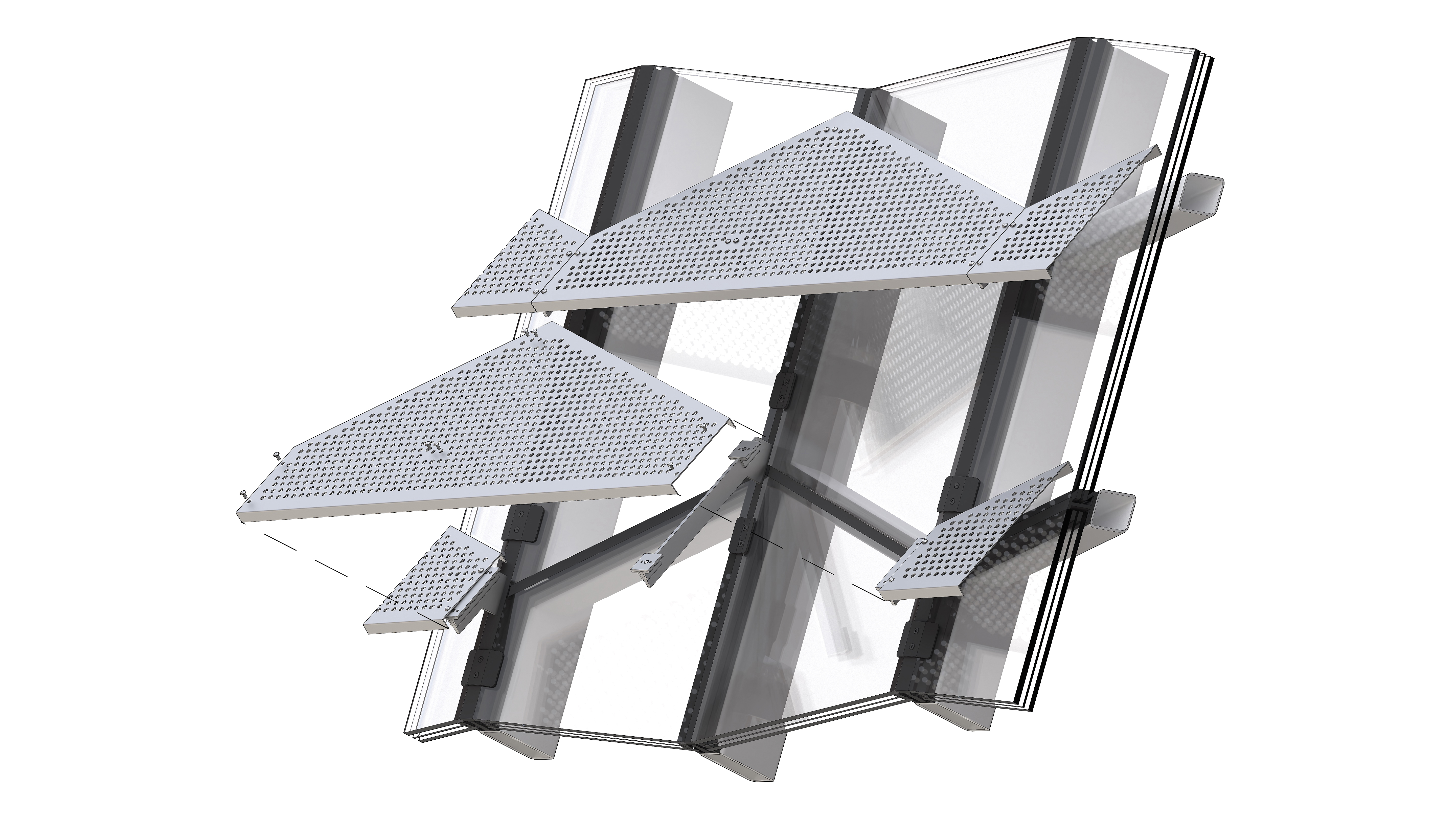 Die Verschattungspaneele aus Aluminiumblech sitzen vor der Glasfassade und den opaken Bereichen gleichermaßen. So entsteht eine einheitliche Fassadengestaltung. Die Dreifachverglasung folgt in ihrer Form der geknickten, leiterartigen Stahlkonstruktion. In der opaken Fassade wird die Faltung durch die Unterkonstruktion erreicht, die auf die Ortbetonwand geschraubt ist.