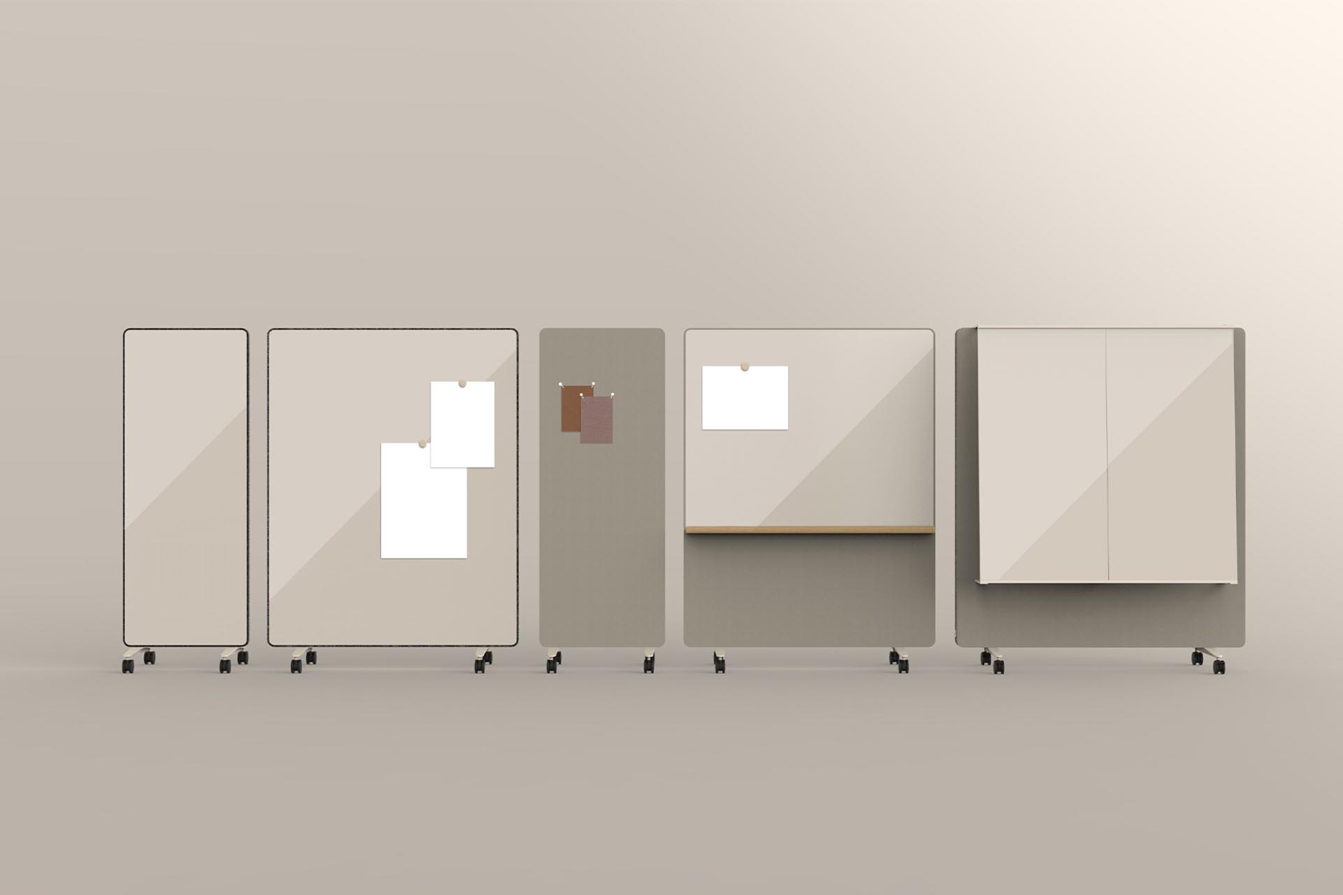 Skalierbare Integration und Gestaltung der analogen Mediennutzung: mobile Whiteboards und Pinnwände sowie das Mix-Whiteboards mit Ablagebord und der Kombination aus beschreibbaren, magnetisch haftenden Flächen und Pinnflächen