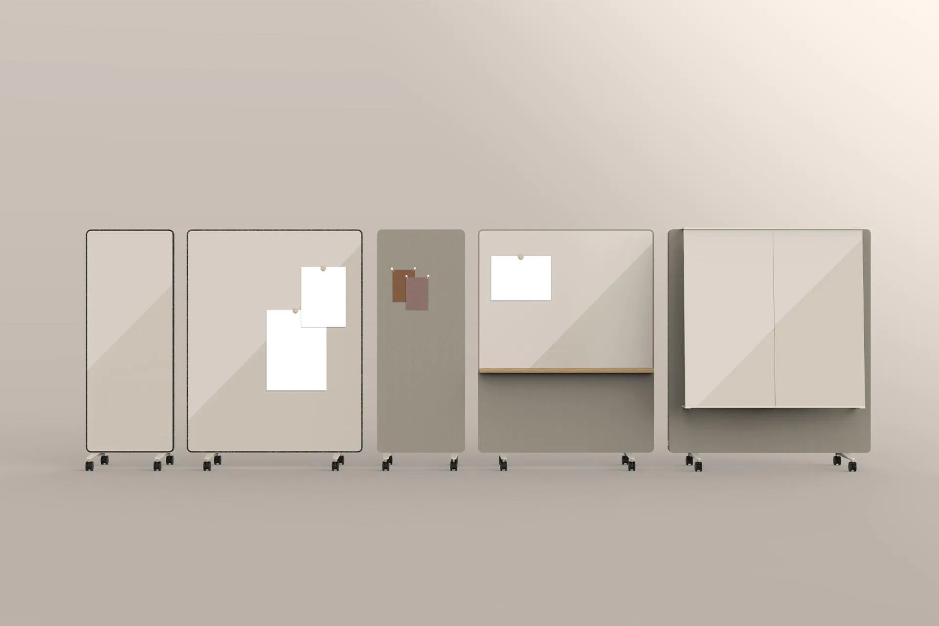 Skalierbare Integration und Gestaltung der analogen Mediennutzung: mobile Whiteboards und Pinnwände sowie das Mix-Whiteboards mit Ablagebord und der Kombination aus beschreibbaren, magnetisch haftenden Flächen und Pinnflächen
