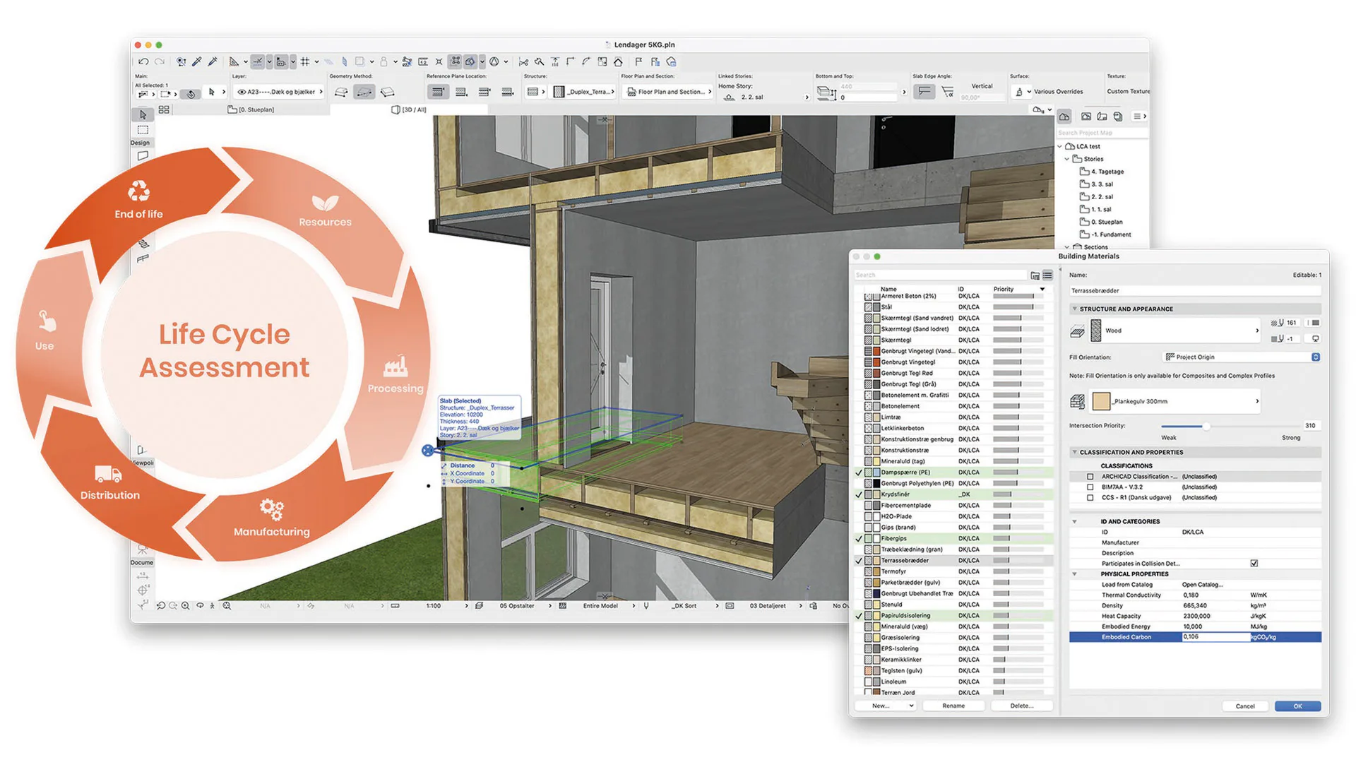 Das Life Cycle Assessment (LCA)-Add-on unterstützt Planende dabei, CO₂-Emissionen von Bauteilen oder Gebäudemodellen zu ermitteln, auszuwerten und Varianten für die Umsetzung eines ressourcenschonenden und emissionsarmen Bauwerks gegenüberzustellen.