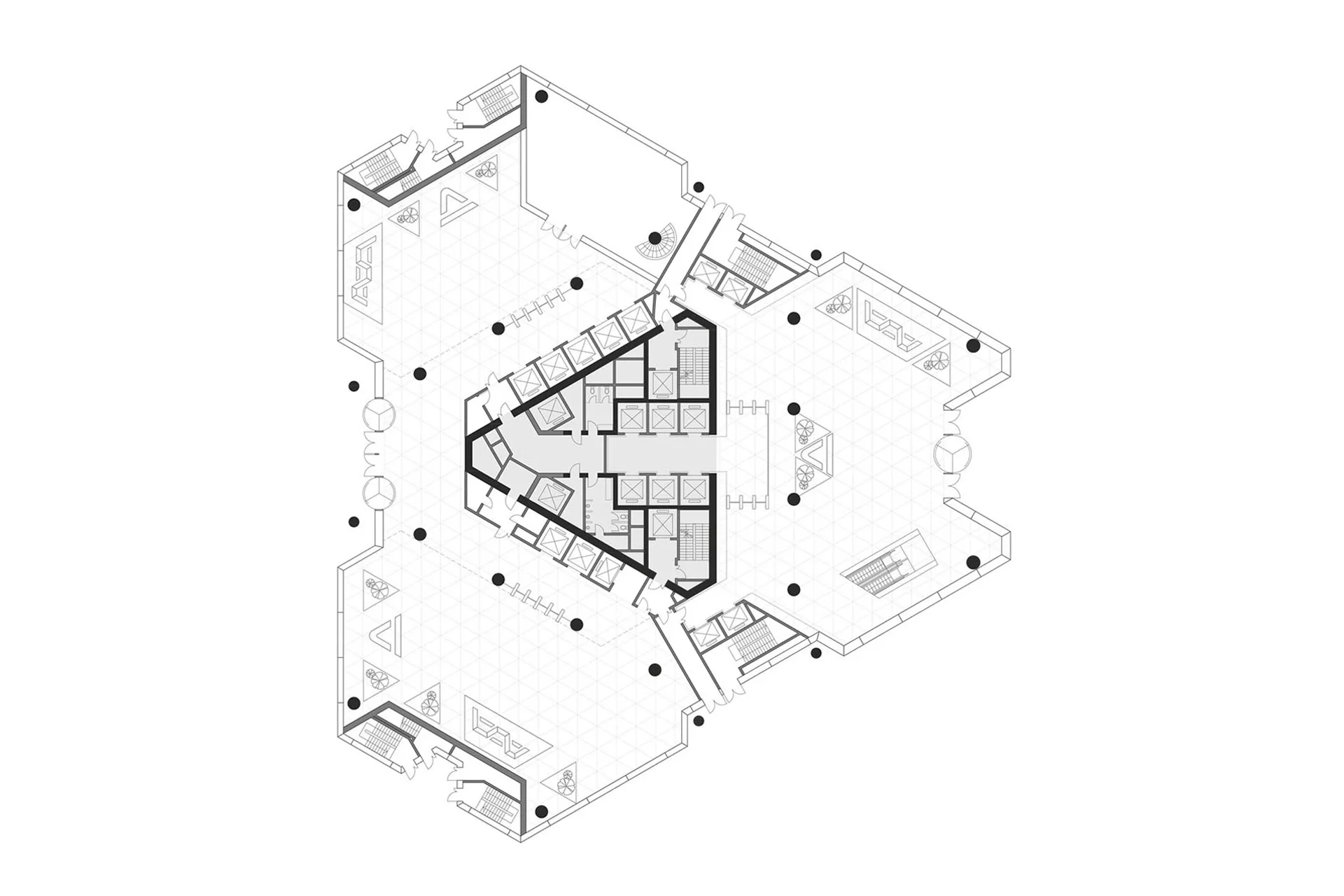 Mit seiner ungewöhnlichen dreieckigen Grundform reagiert der Shandong Port Tower auf die Nachbargebäude.