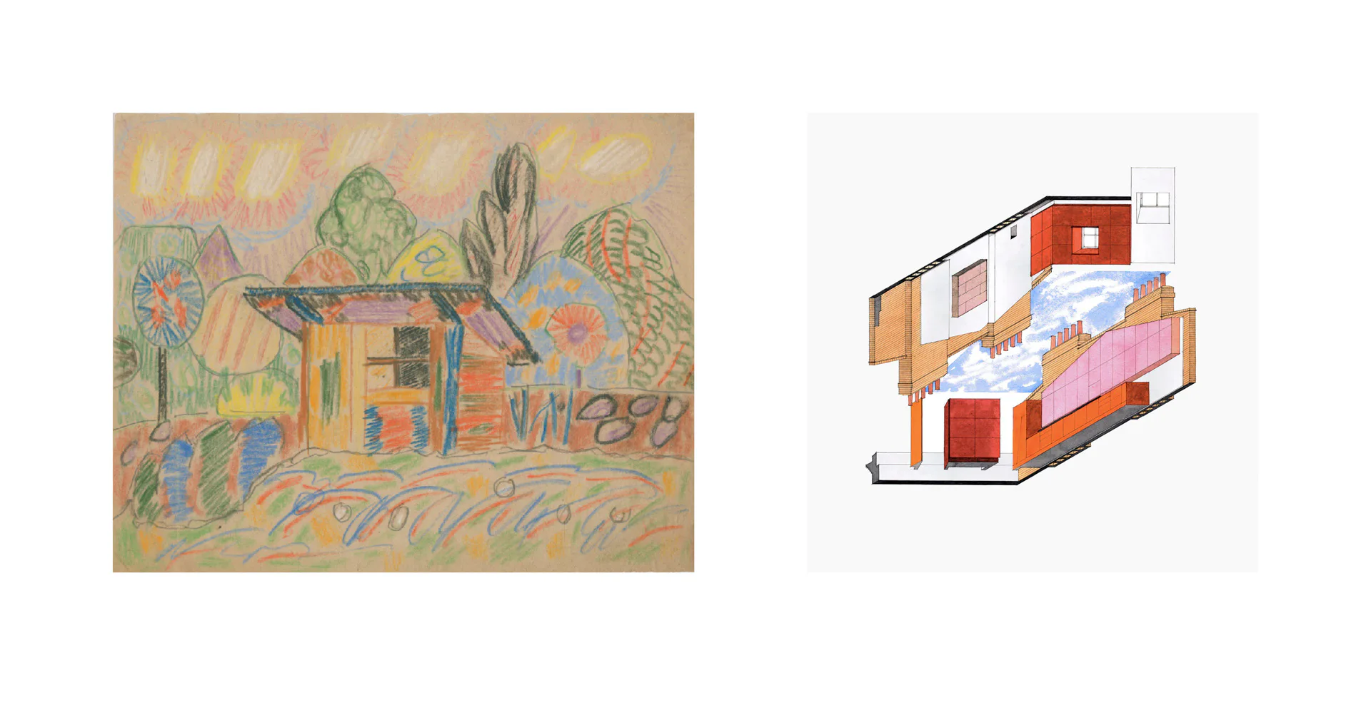 links: Paul Goesch: Ohne Titel (Hütte in Landschaft), undatiert, aus Paul-Goesch-Archiv, Akademie der Künste, Berlin; rechts: Sauerbruch Hutton: L House, London, 1992, Aquarell