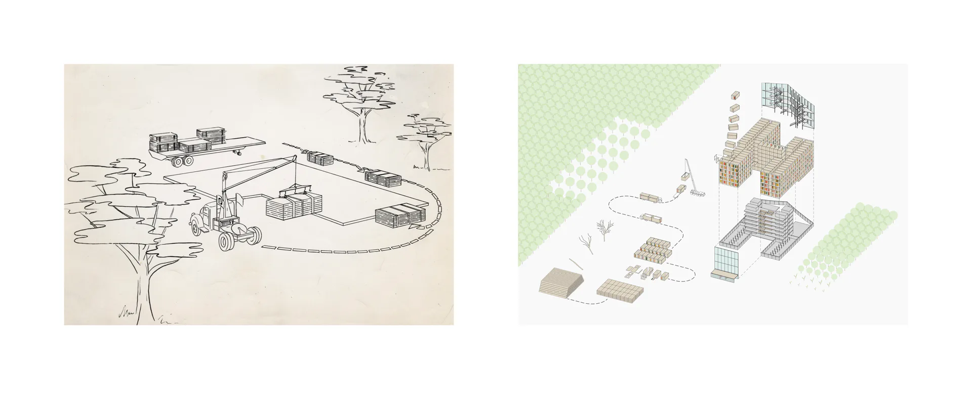 links: Konrad Wachsmann: Entwurf „General Panel System“, Verladen von Fertigbauteilen, 1941–1949, Konrad-Wachsmann-Archiv, rechts: Sauerbruch Hutton: Luisenblock Deutscher Bundestag, Berlin, 2020
