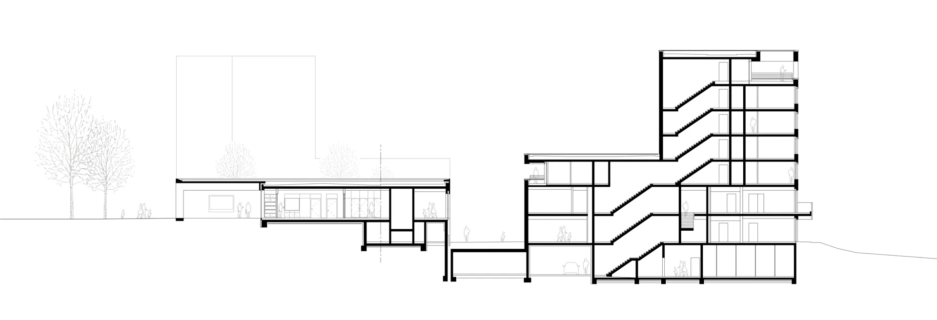 Längsschnitt Kirche und benachbarter Wohnturm, Grafik