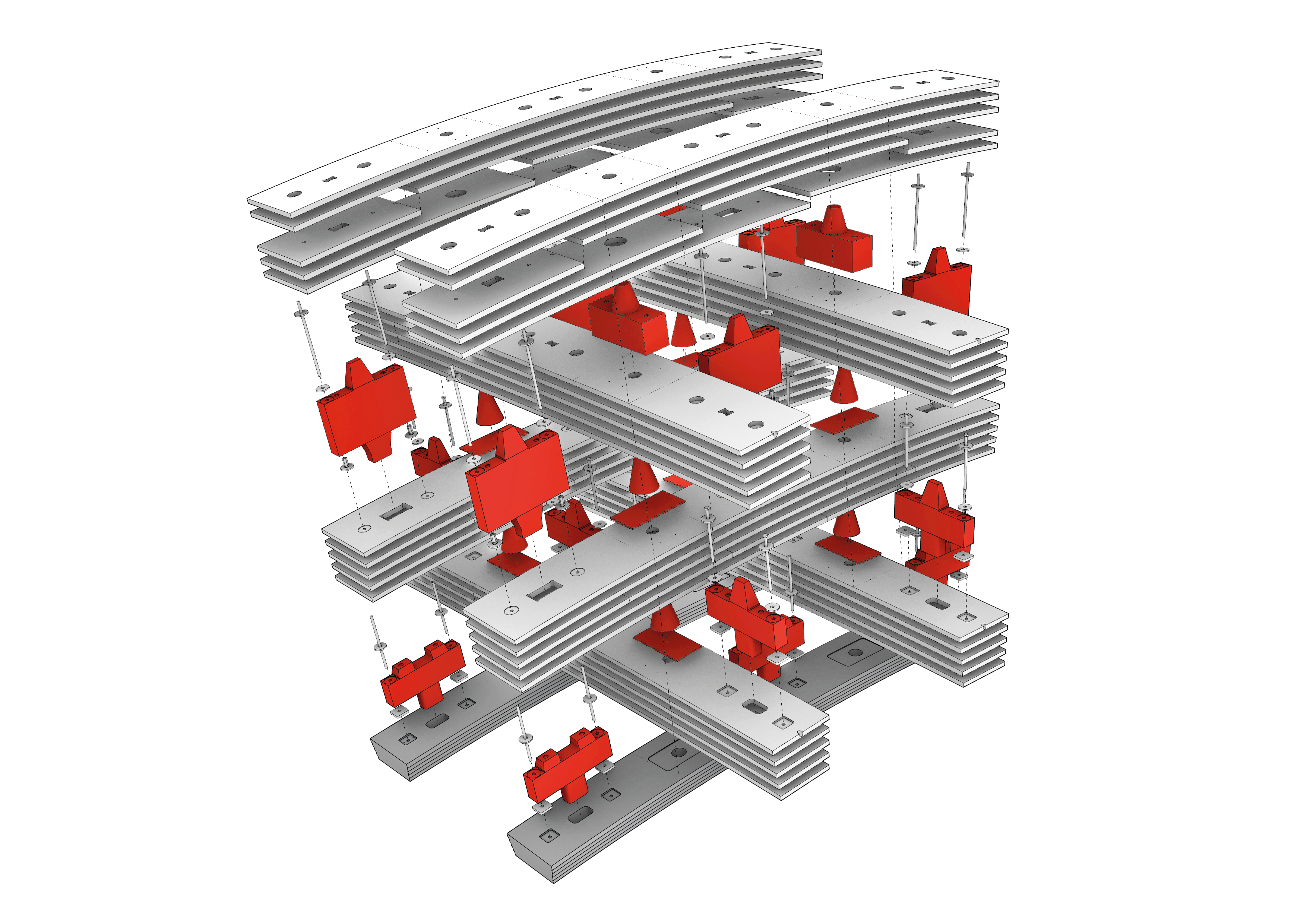 Holz-Tragstruktur im Bereich der Knoten: Die gekrümmten LVL Lamellen sind über Scher- und Kreuzungsdübel (rot) zu einer Schale verbunden.
